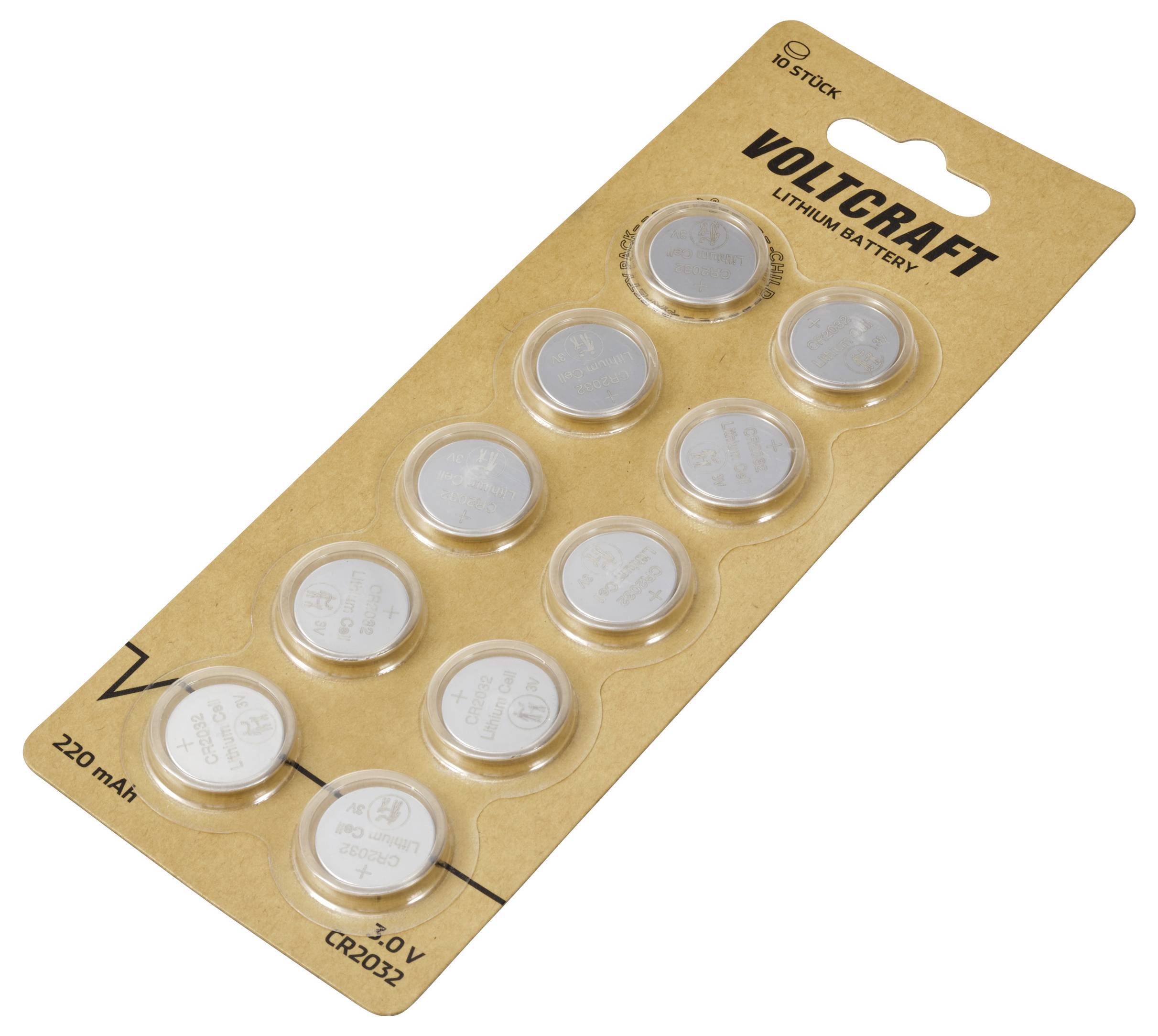 Eine Verpackung mit zwölf silbernen Knopfzellen-Batterien der Marke Voltcraft, Modell CR2032, 220 mAh, 3V.