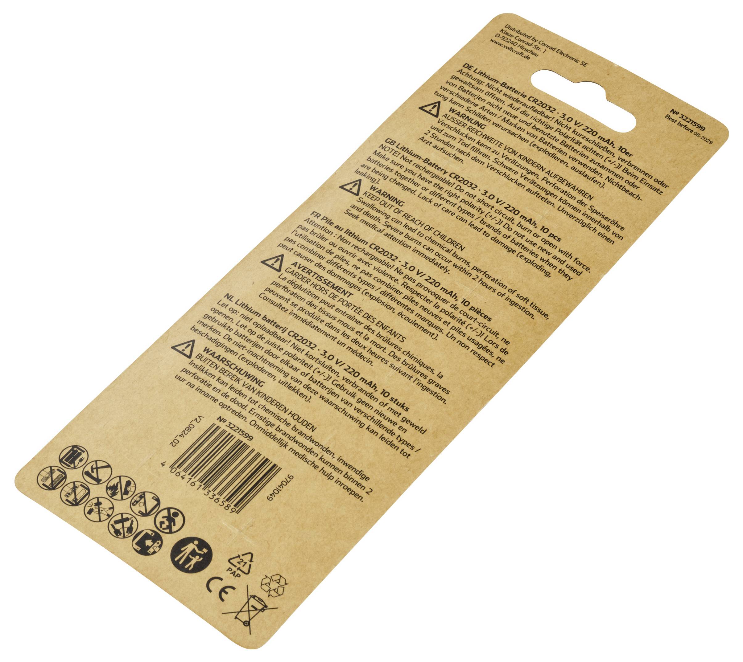 Rückseite einer braunen Verpackung mit Hinweisen und Warnungen in mehreren Sprachen. Symbole für Recycling, CE, und andere Zertifizierungen.