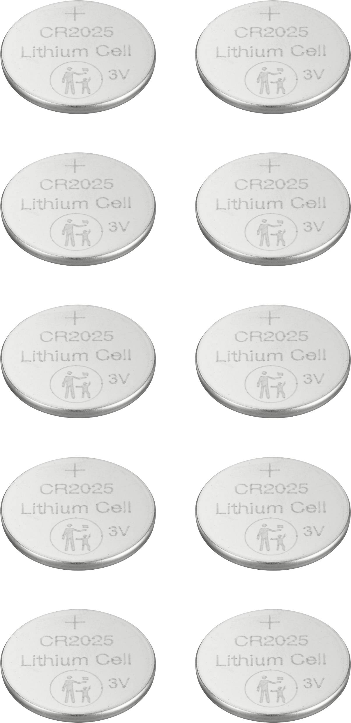 Zehn flache silberne Knopfzellenbatterien mit der Aufschrift 'CR2025 Lithium Cell 3V', aufgereiht in zwei Spalten.