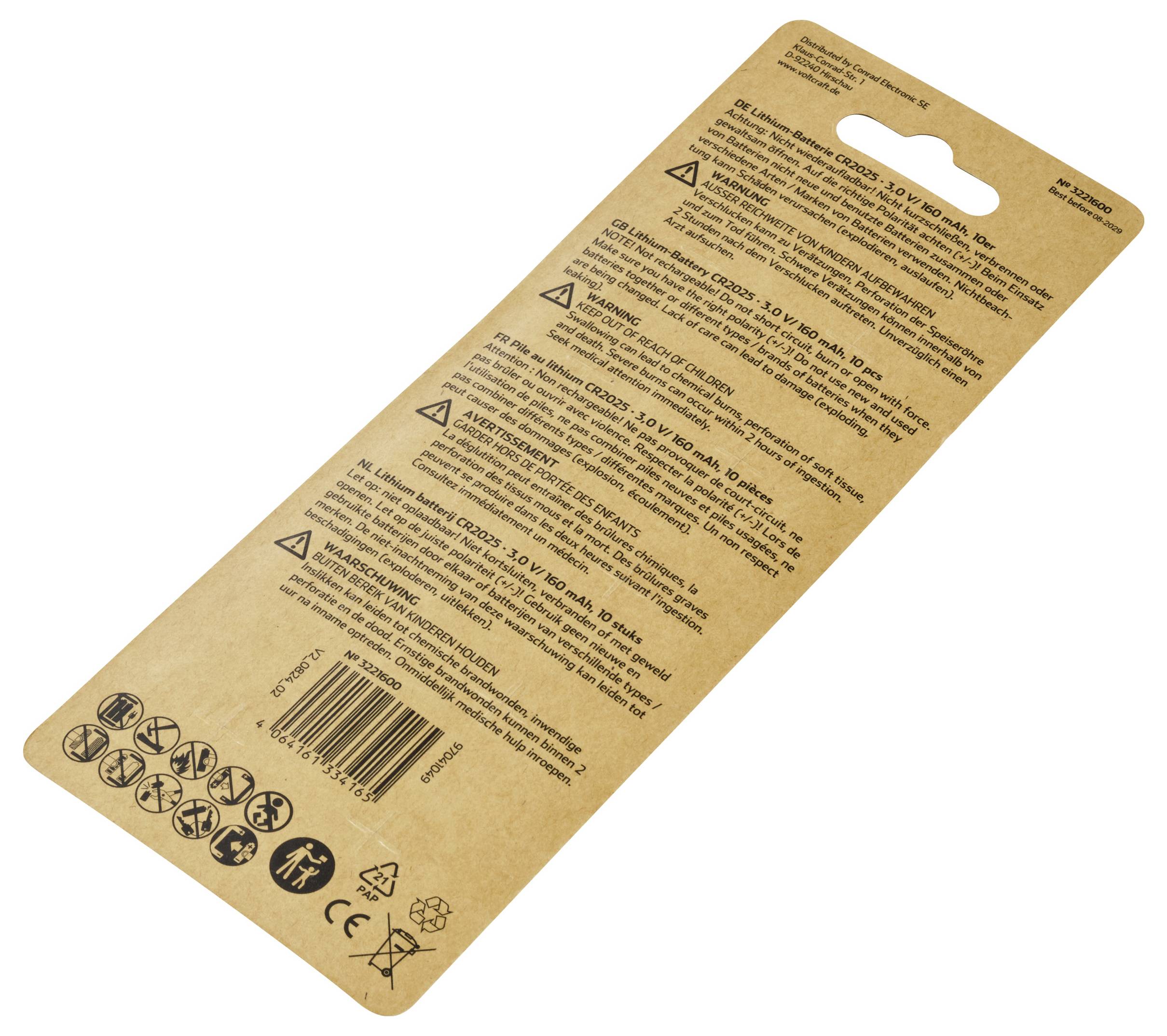 Rückseite einer Verpackung mit Warnhinweisen und Entsorgungssymbolen. Enthält Text mit Sicherheitsinformationen und Barcodes.