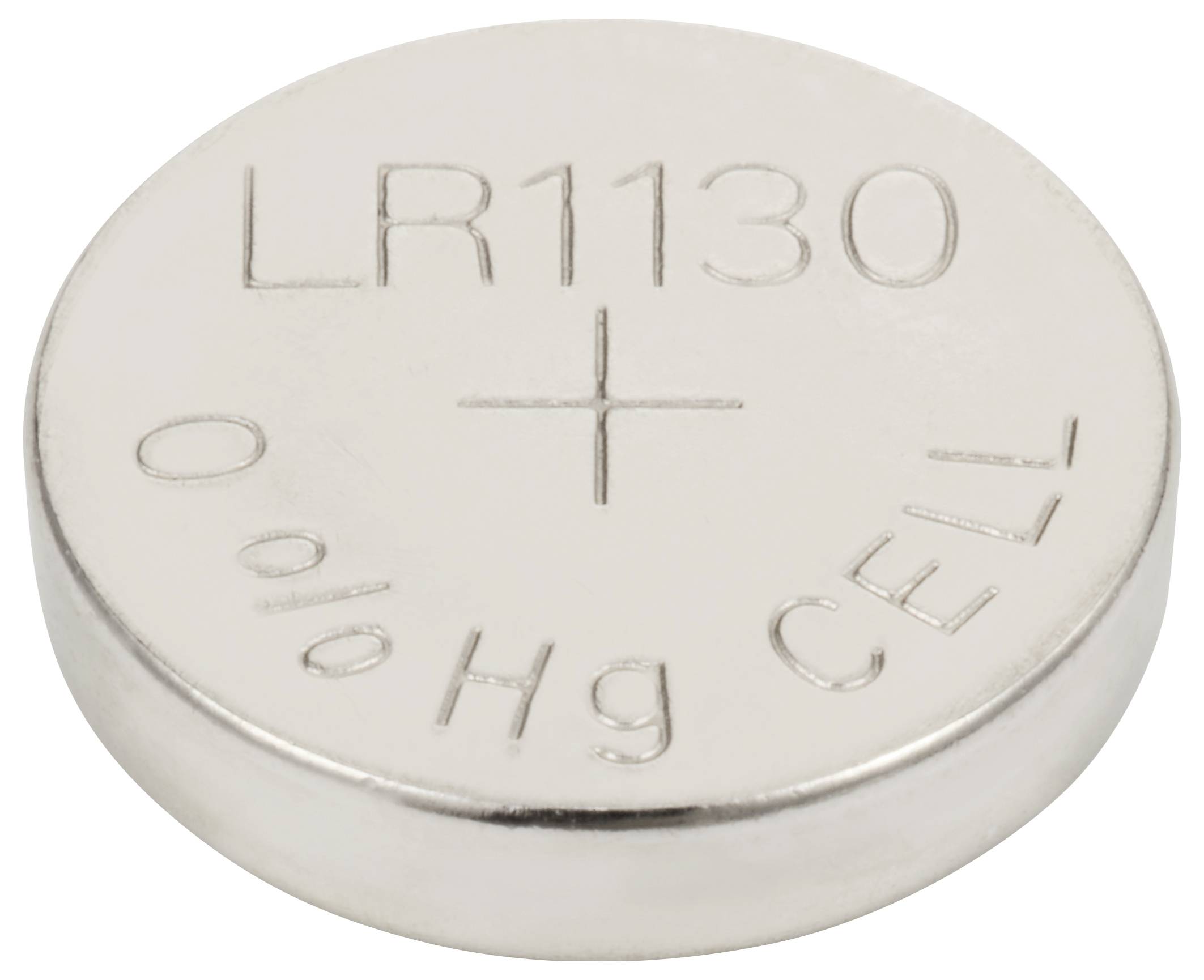 Runde Knopfzelle mit der Aufschrift 'LR1130' und '+' sowie '0% Hg CELL', silbrig glänzend. Sie wird häufig in kleinen elektronischen Geräten verwendet.