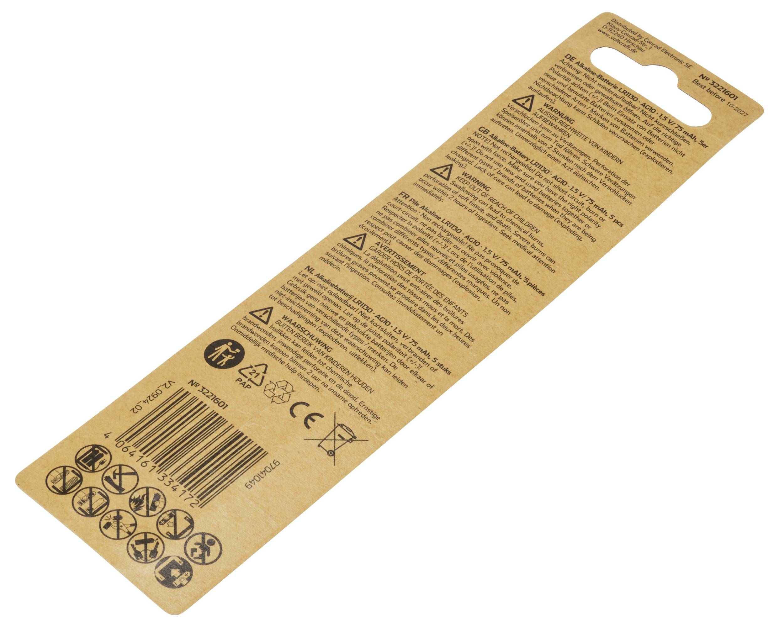 Rückseite einer Verpackung mit Sicherheitshinweisen, Symbolen und einem Barcode. Hinweise befassen sich mit Sicherheit und Gebrauch.