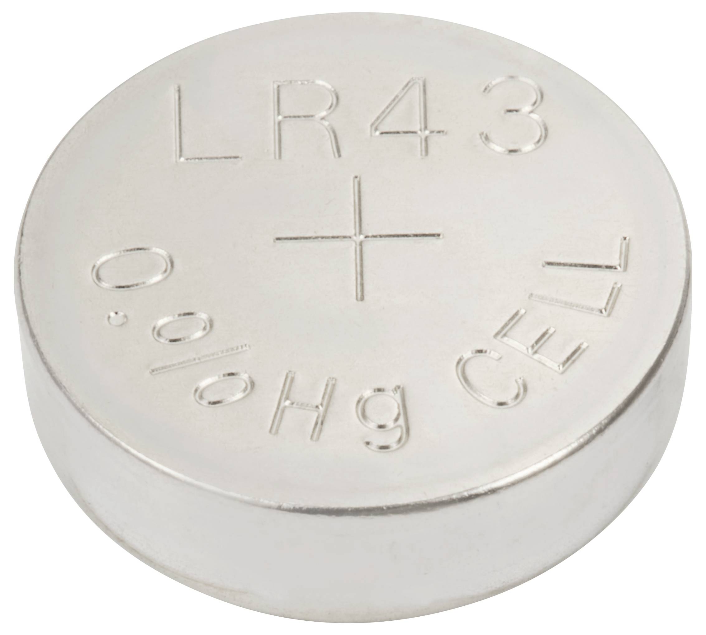 Silberne Knopfzellenbatterie mit der Aufschrift 'LR43', '0% Hg CELL'.