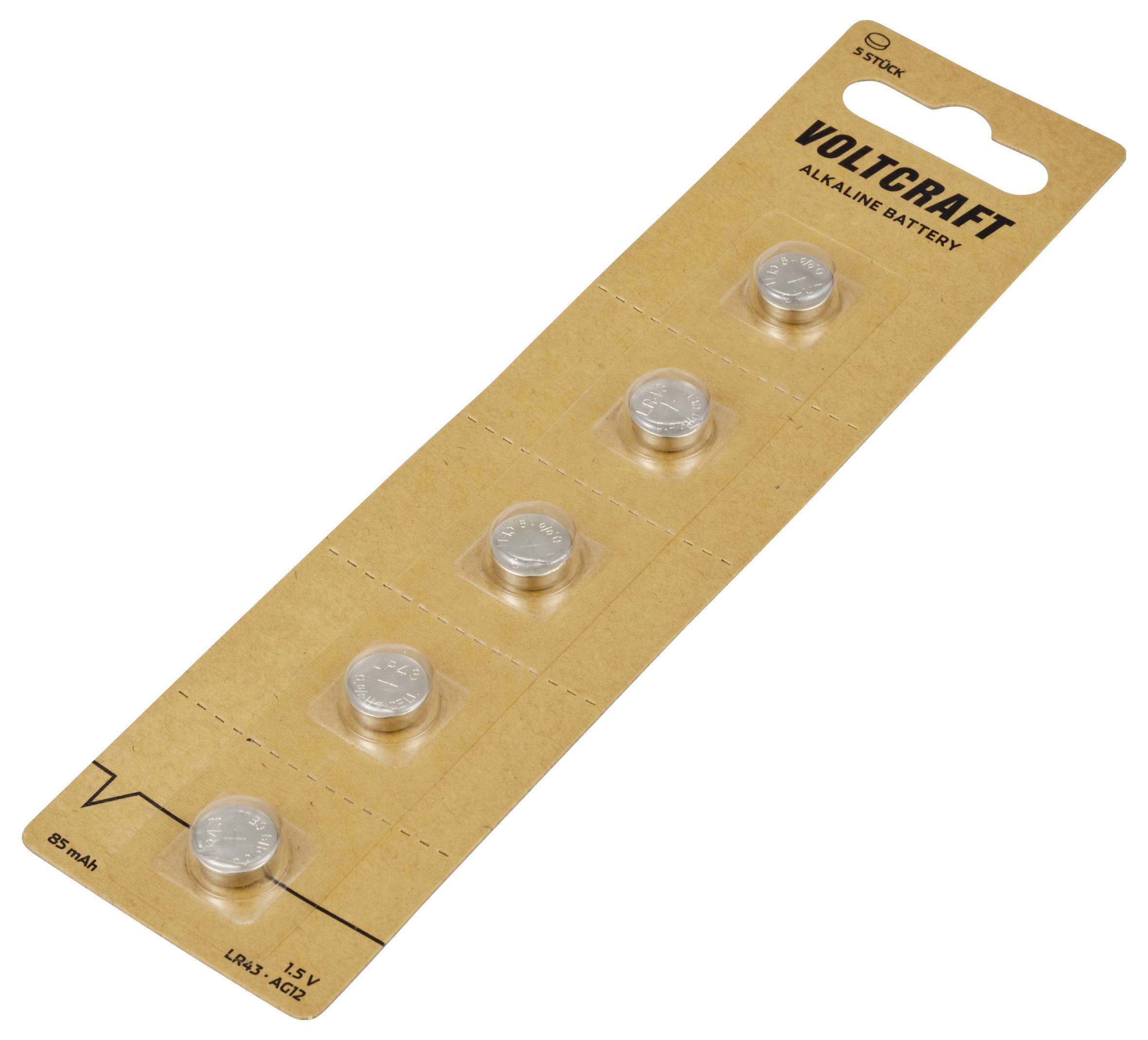 Verpackung mit fünf Knopfzellenbatterien, Marke 'Voltcraft', auf einer rechteckigen Kartonträgerblisterkarte.