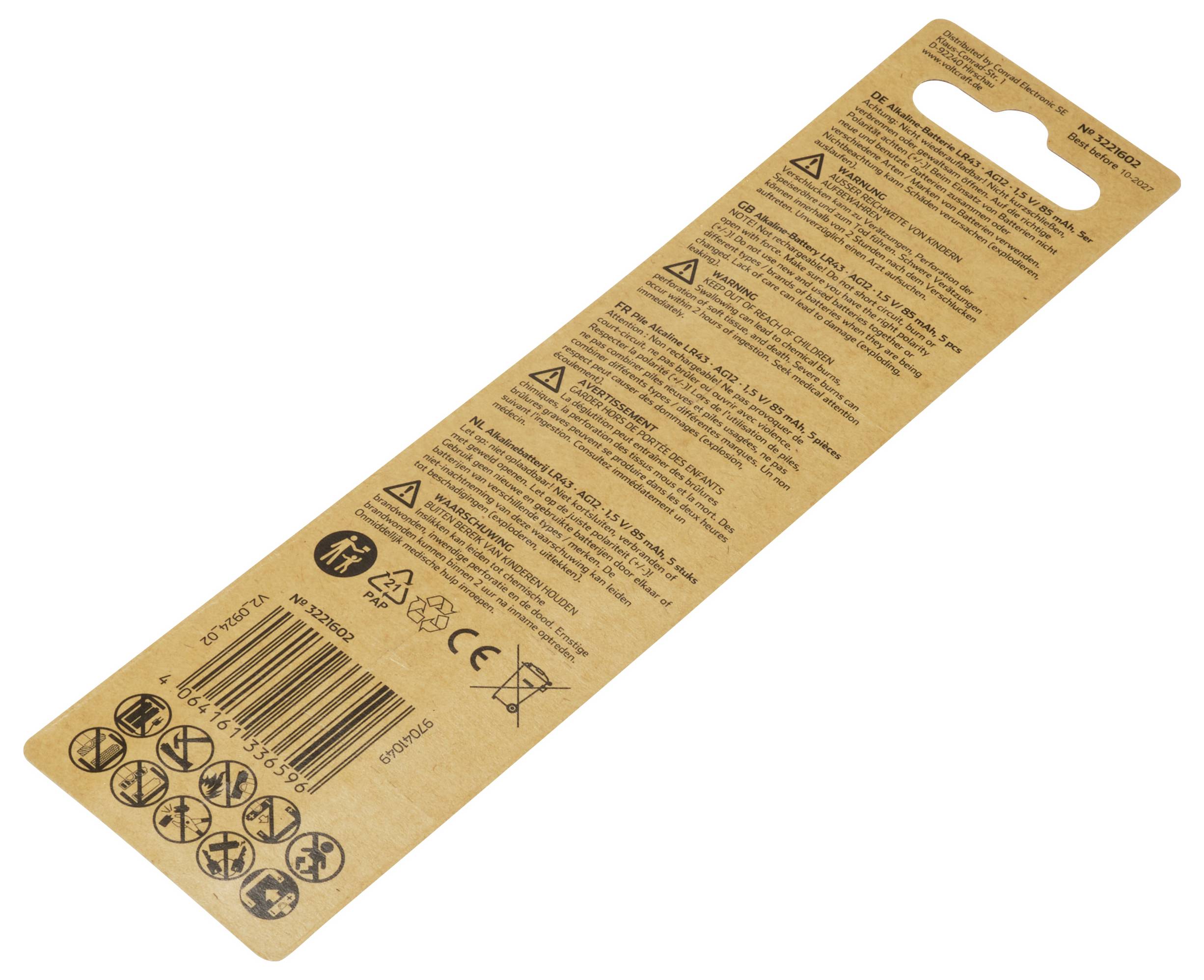 Verpackungsrückseite aus Karton mit Barcodes und mehreren Symbolen. Enthält Warnhinweise und Recyclinginformationen.