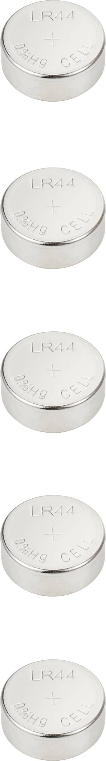 Fünf silberne Knopfzellenbatterien übereinander gestapelt, jede mit der Aufschrift 'LR44'.
