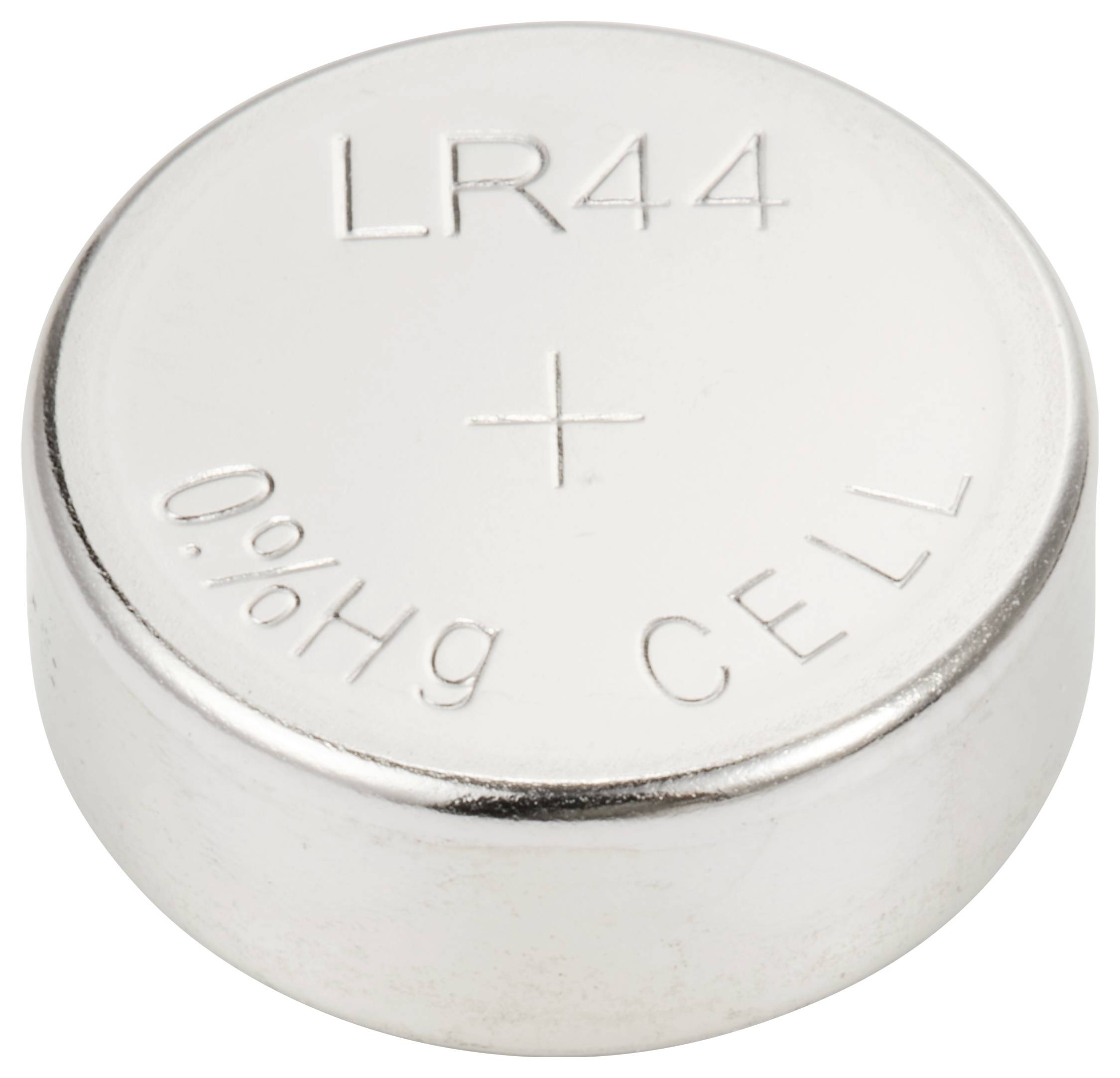 Silberne LR44-Knopfzellenbatterie mit Gravur '0%Hg CELL' und '+' Symbol.