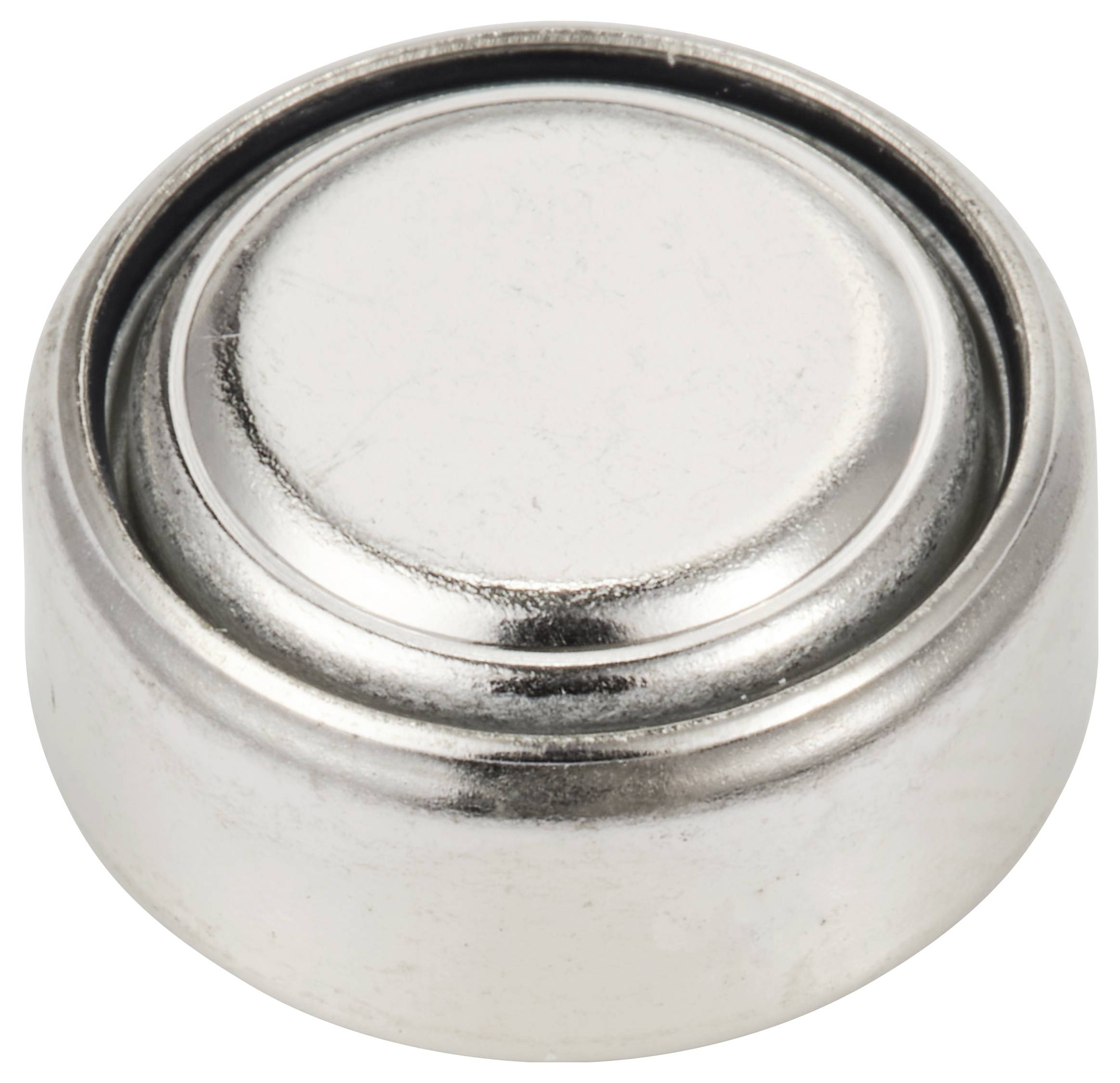 Silberfarbene Knopfzelle-Batterie, zylindrische Form, glatt glänzende Oberfläche, häufig für Kleingeräte verwendet.