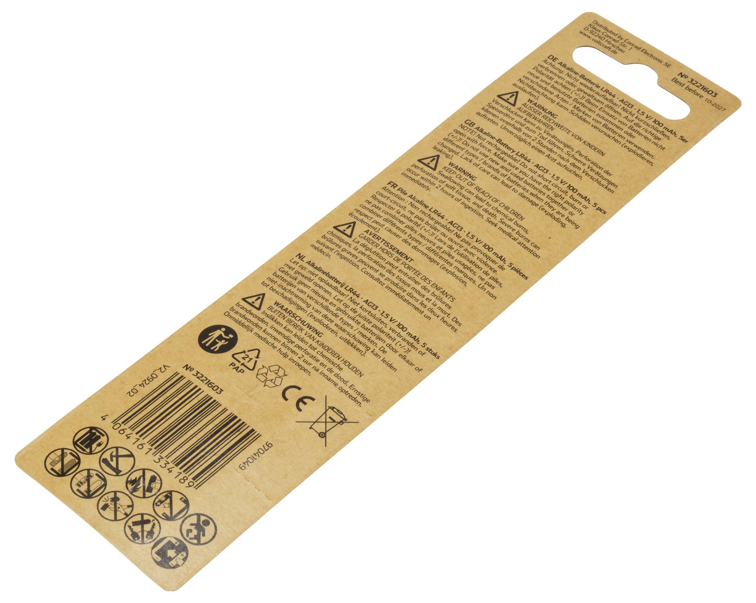 Kartoneinlage mit Warnhinweisen und Symbolen in mehreren Sprachen. Beinhaltet Recycling-, CE- und Barcode-Symbole.