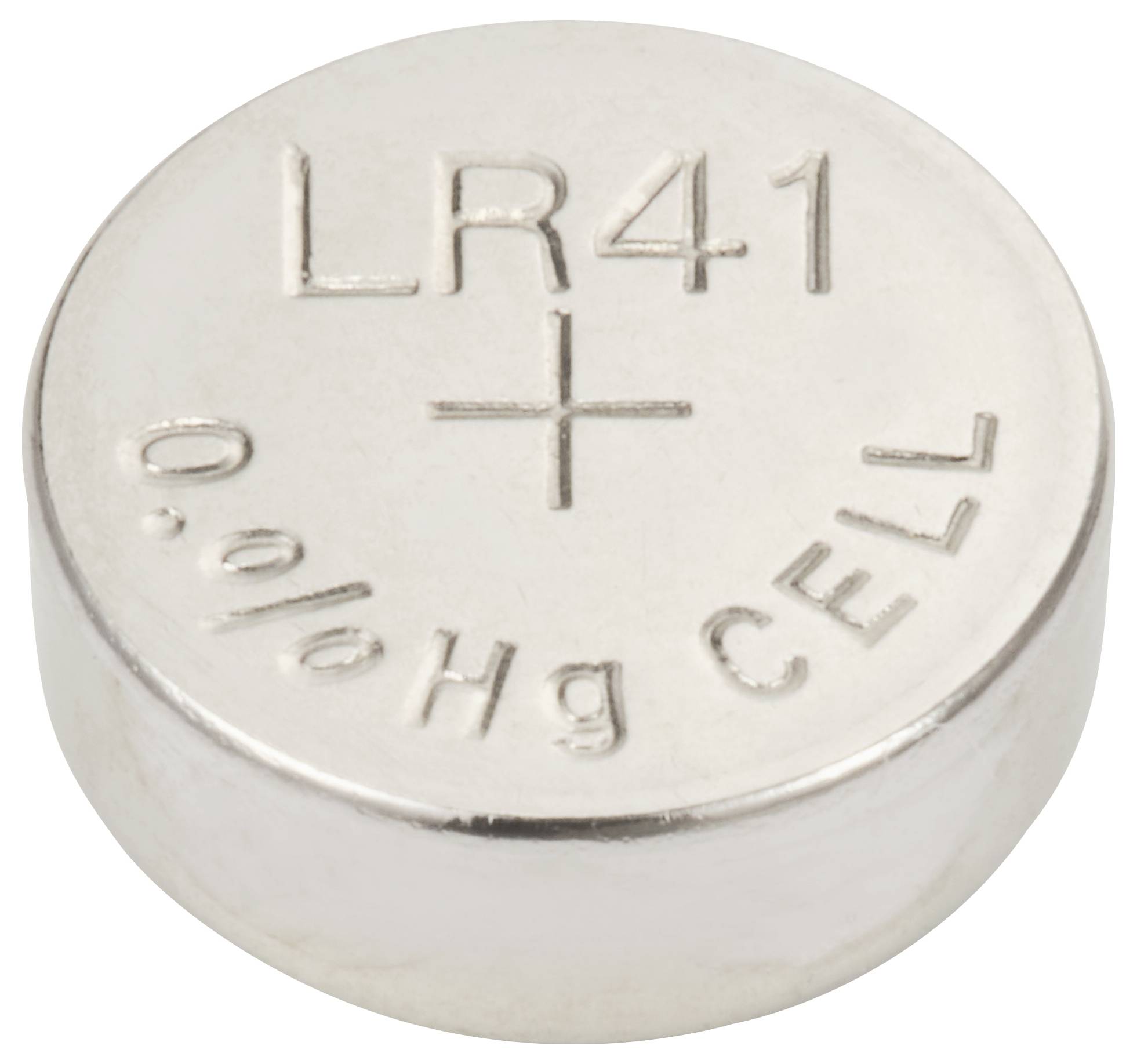 Eine LR41-Knopfzelle, mit der Aufschrift '0% Hg CELL', zeigt an, dass sie quecksilberfrei ist.