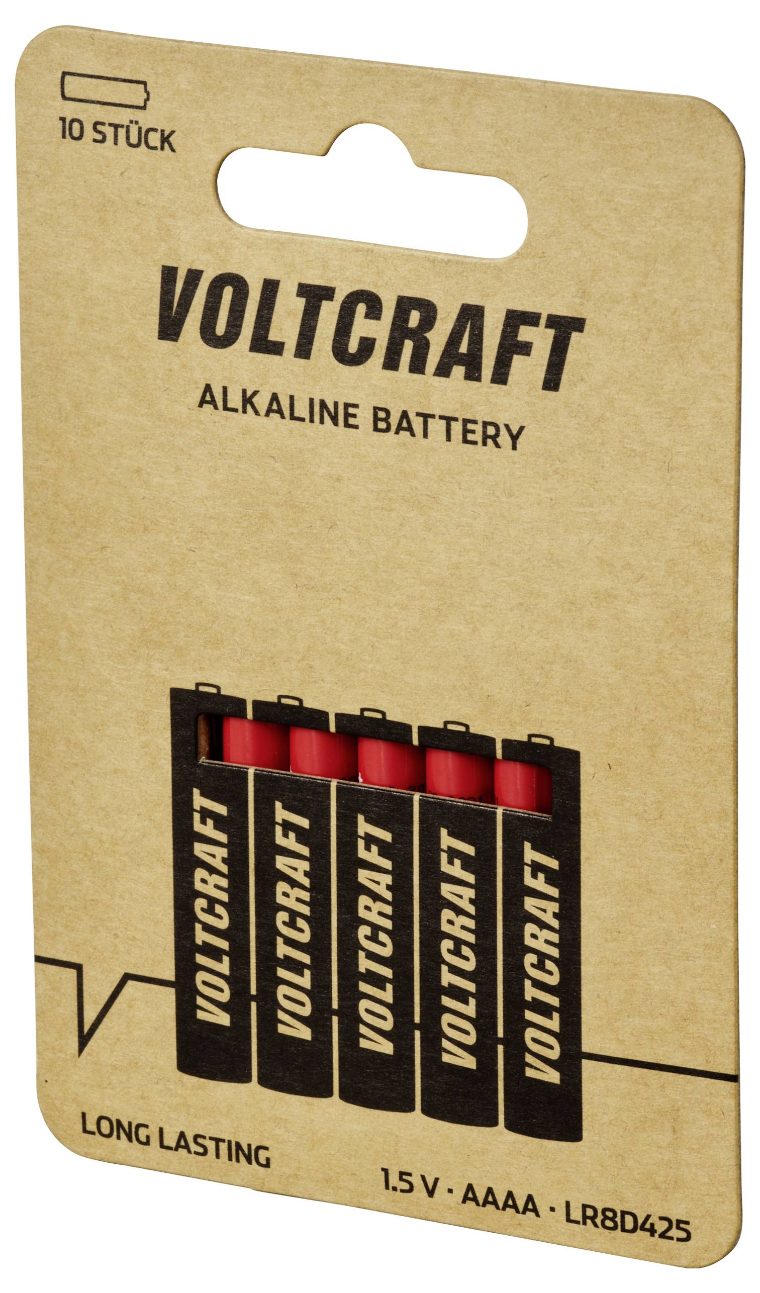 Packung mit 10 Voltcraft Alkaline AAAA Batterien. Vorderseite zeigt Batterien mit der Aufschrift 'LONG LASTING' und '1.5V'.
