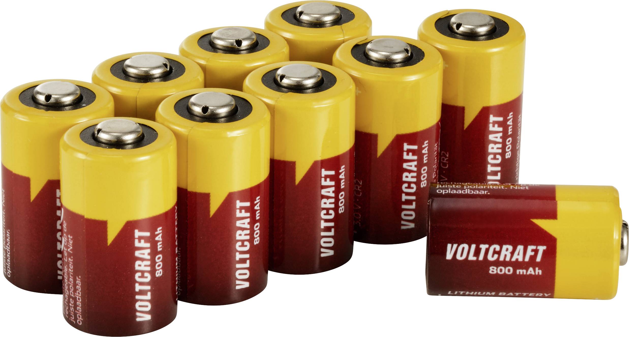 Zehn gelb-rote VOLTCRAFT-Batterien mit 800 mAh liegen auf weißem Hintergrund. Eine Batterie liegt separat rechts.