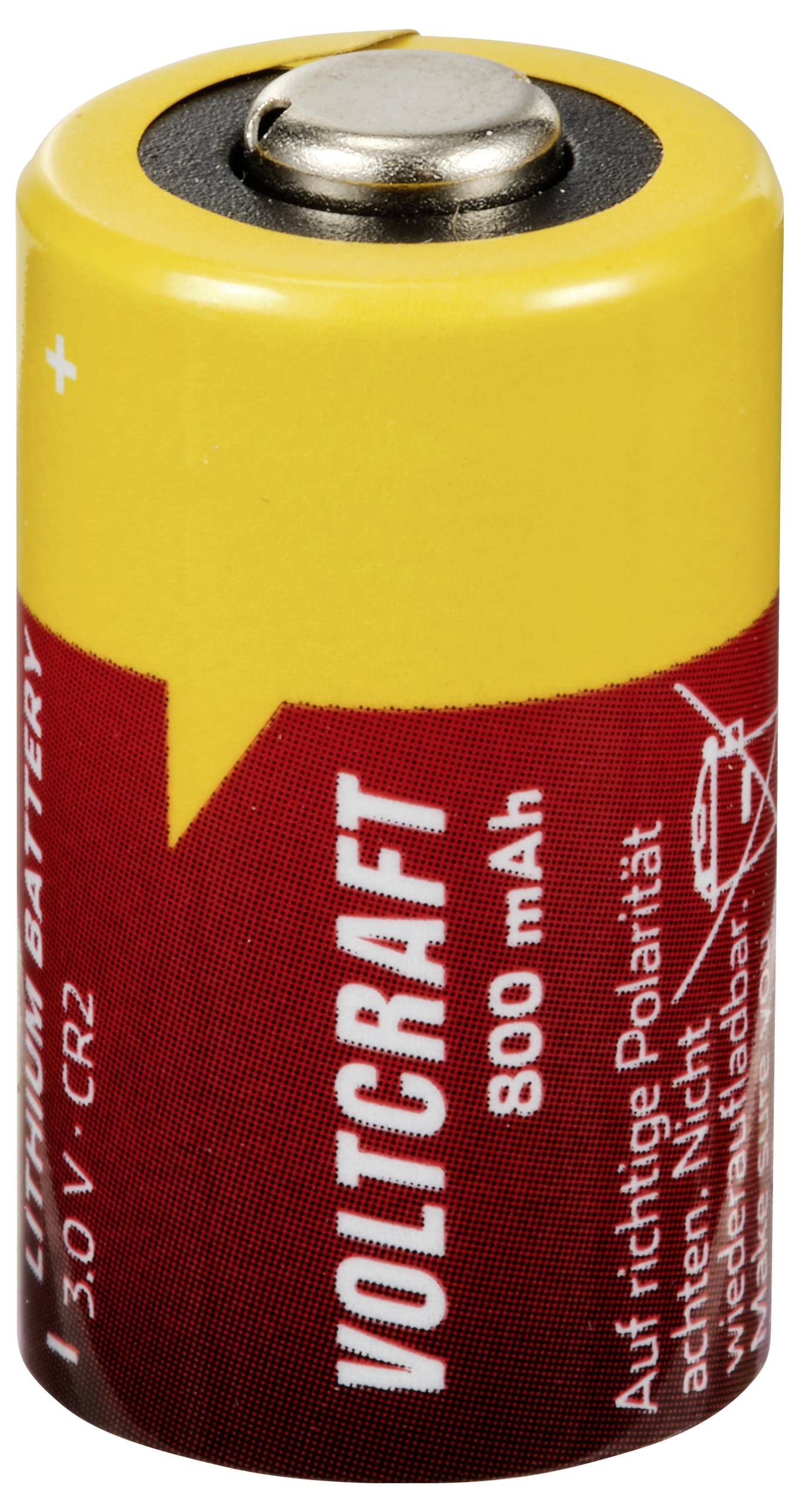 Rote und gelbe Lithiumbatterie der Marke Voltcraft, 3.0 V, CR2, 800 mAh. Hinweis: Auf richtige Polarität achten.