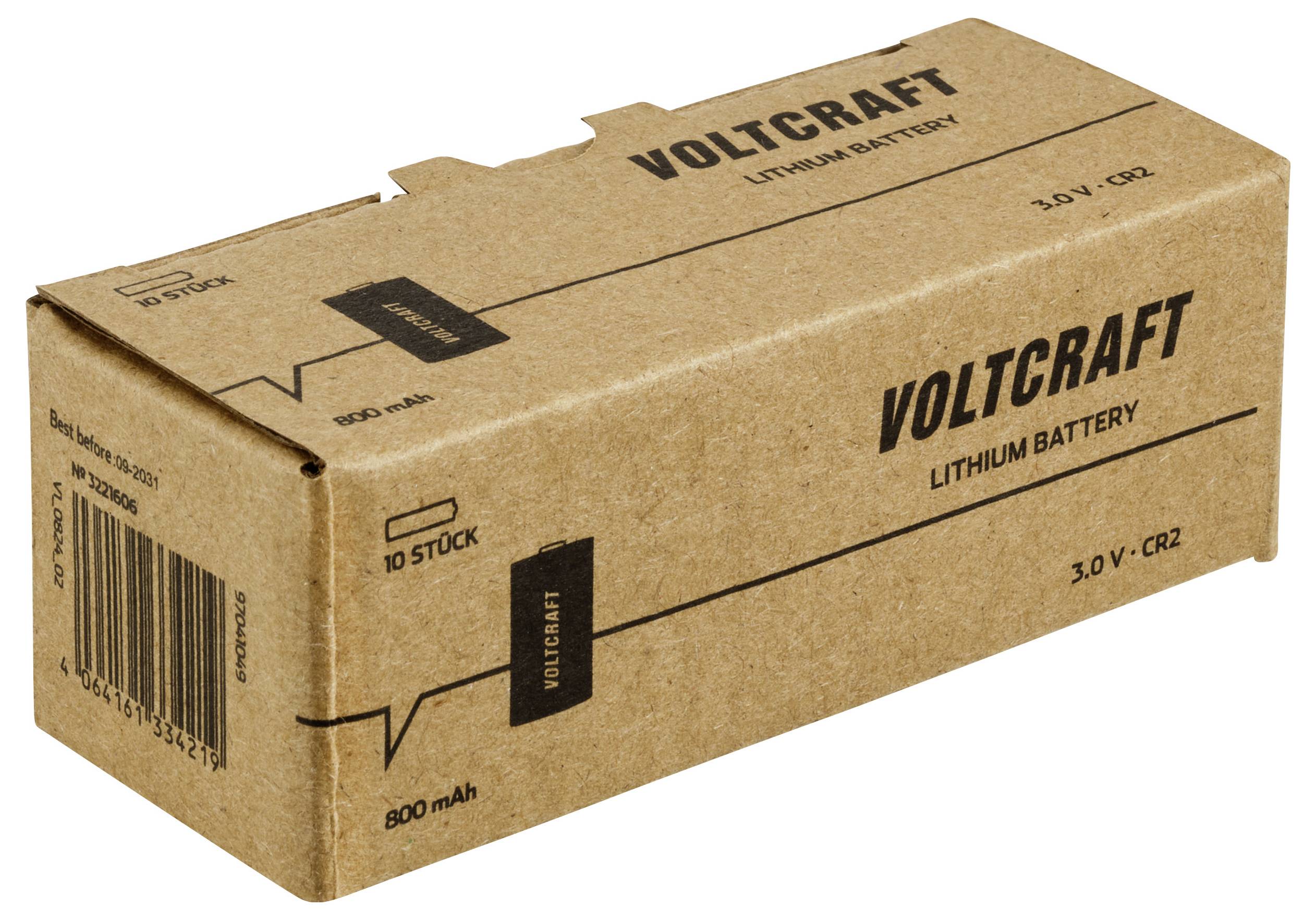 Eine braune Verpackung für eine 'Voltcraft' Lithium-Batterie, 3,0 V - CR2, mit schwarzem Text und einer Barcode an der Seite.