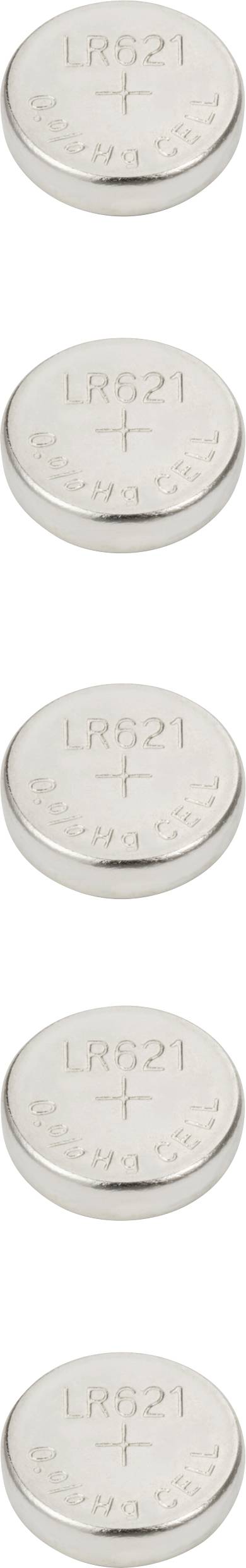 Fünf kleine silberne Knopfzellen-Batterien, jeweils mit der Aufschrift LR621.