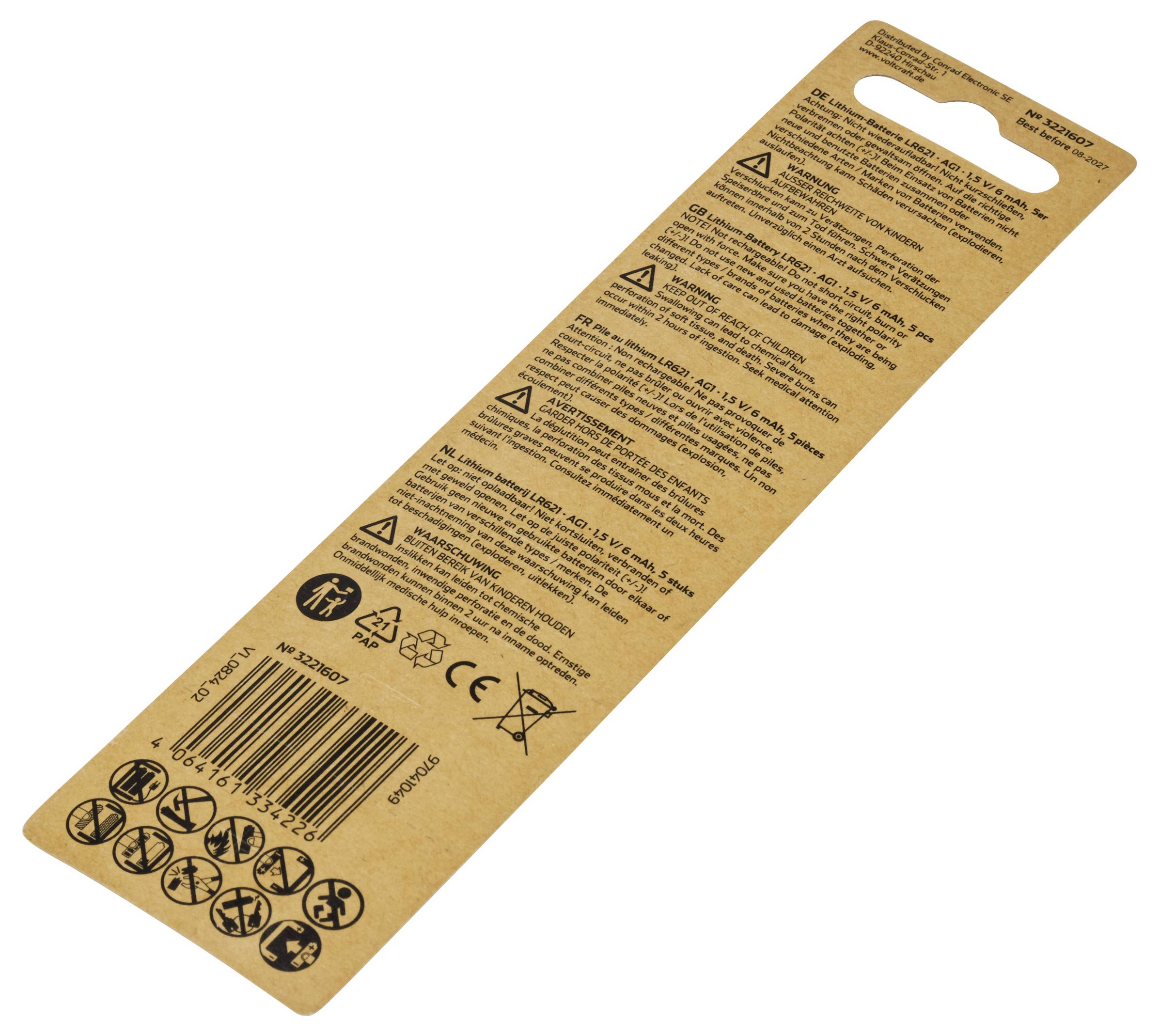 Rückseite einer Verpackung aus Pappe mit Text in verschiedenen Sprachen. Enthält Warnhinweise und Symbole zu Recycling und Gebrauch.