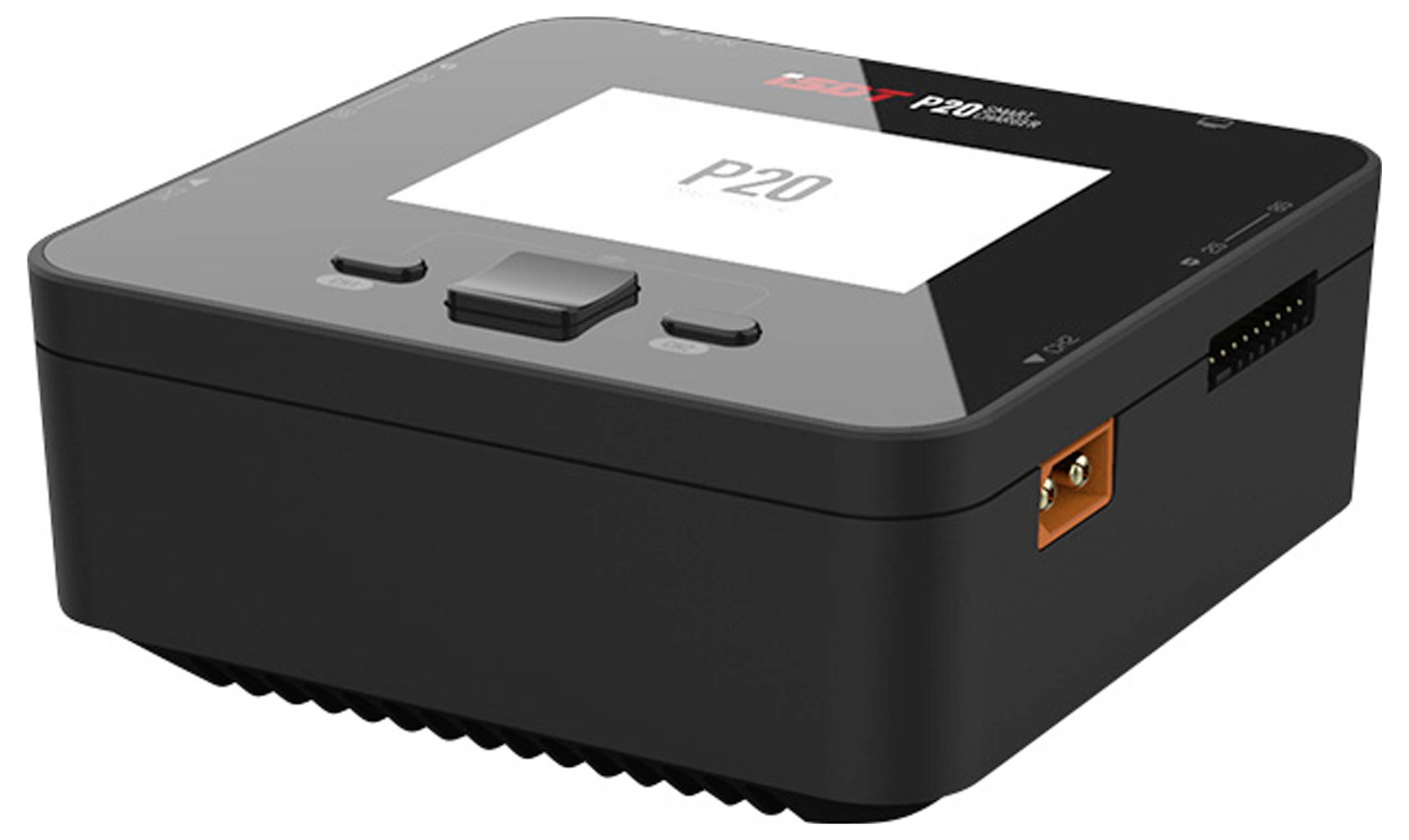 Schwarzes elektronisches Gerät mit Bildschirm, der 'P20' anzeigt. Tasten und Anschlüsse an den Seiten sichtbar.