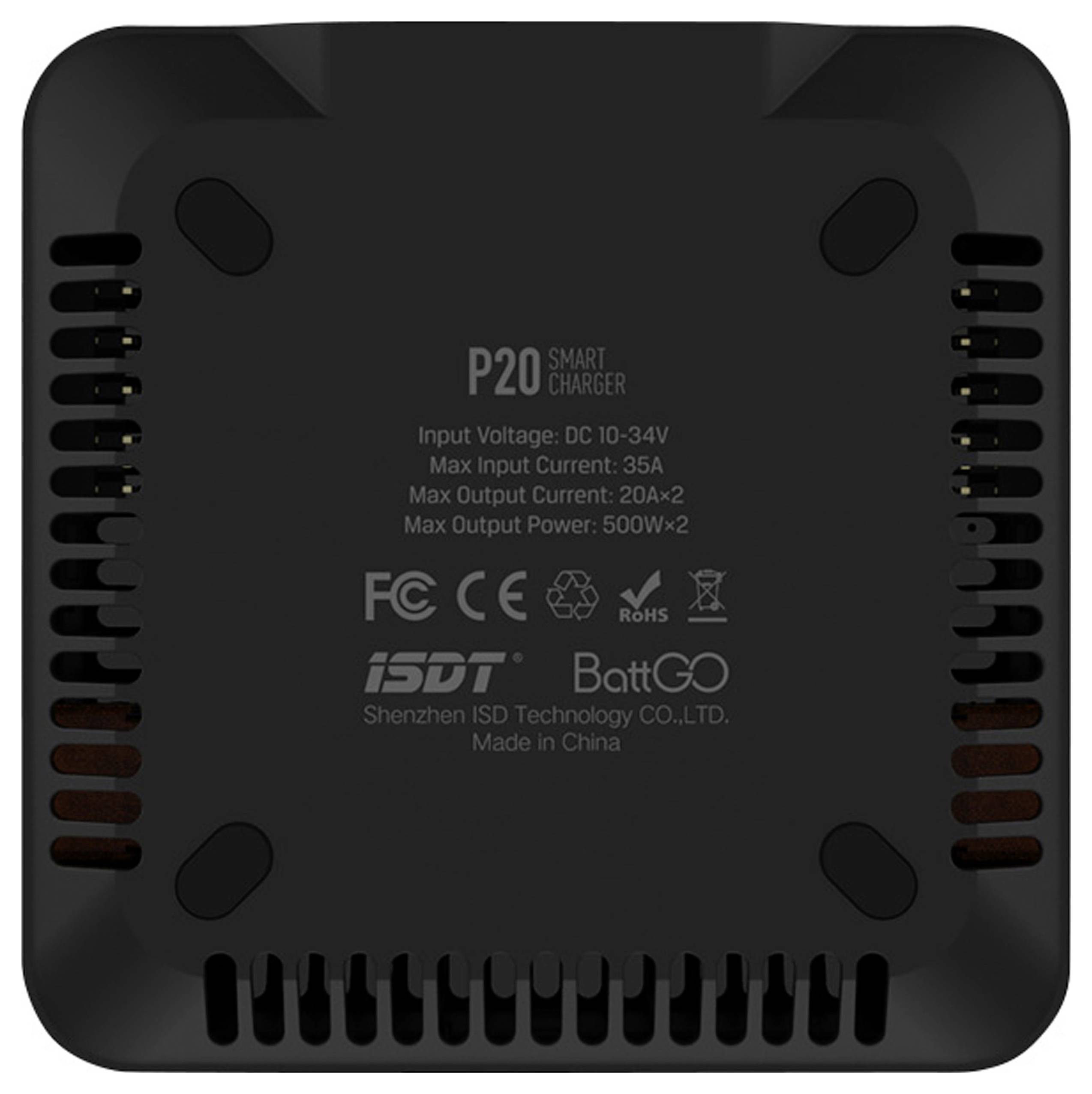 Schwarzes Ladegerät, Modell 'P20 Smart Charger', mit technischen Spezifikationen: Eingang 10-34V, Max. Strom 35A, Max. Leistung 500W.