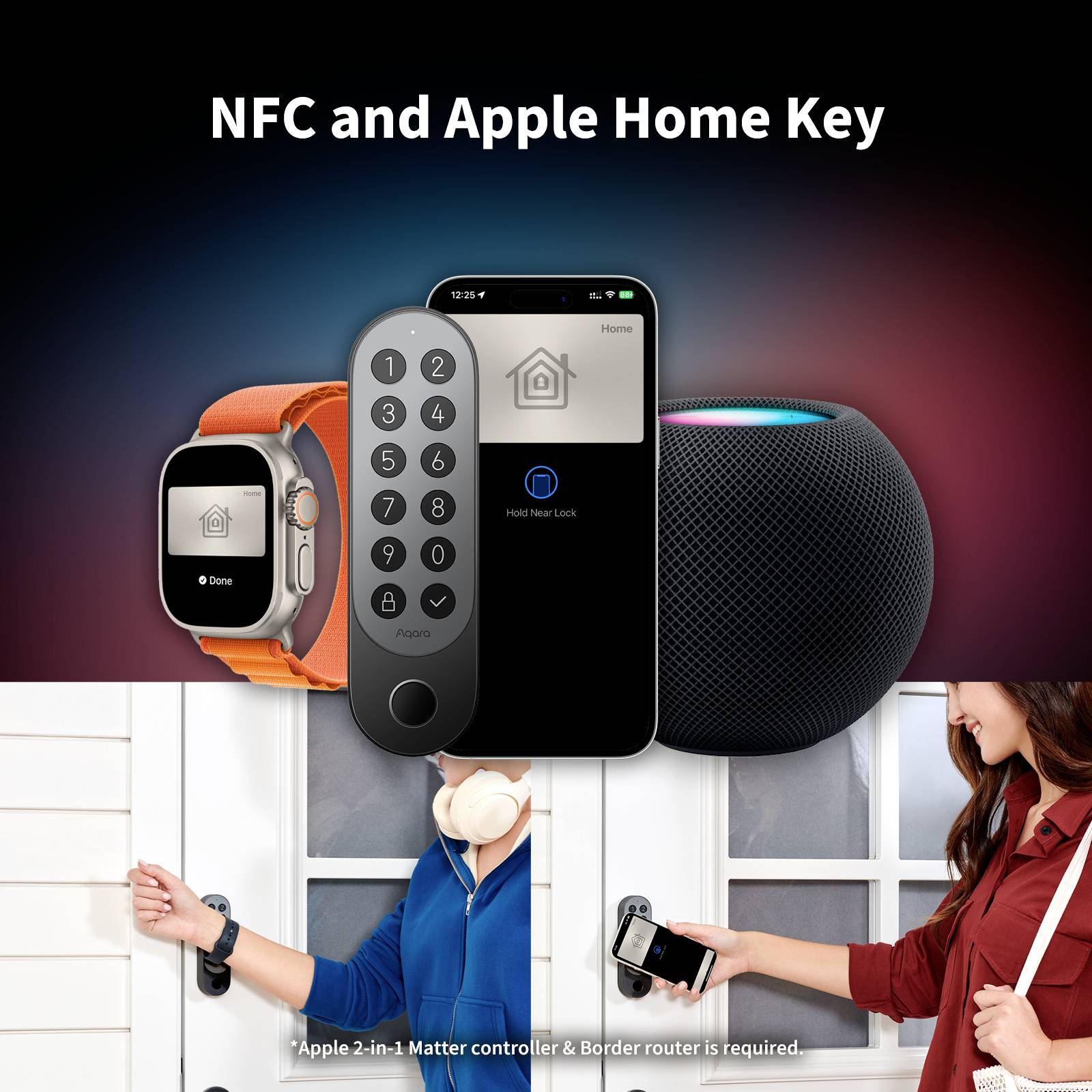 'NFC und Apple Home Key'-Bild zeigt Apple-Geräte wie eine Uhr, ein iPhone, eine Tastatur und einen HomePod, die durch NFC gekoppelt werden. Personen nutzen Smart-Home-Funktionen.