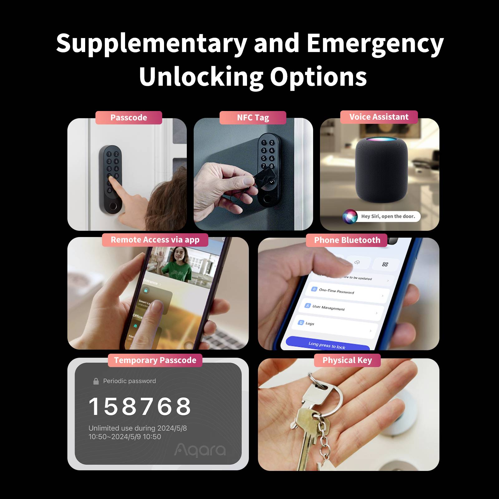 Bild zeigt verschiedene Optionen zur Türentriegelung: Passcode, NFC-Tag, Sprachassistent, App-Zugriff, Bluetooth, temporäres Passwort, Schlüssel.