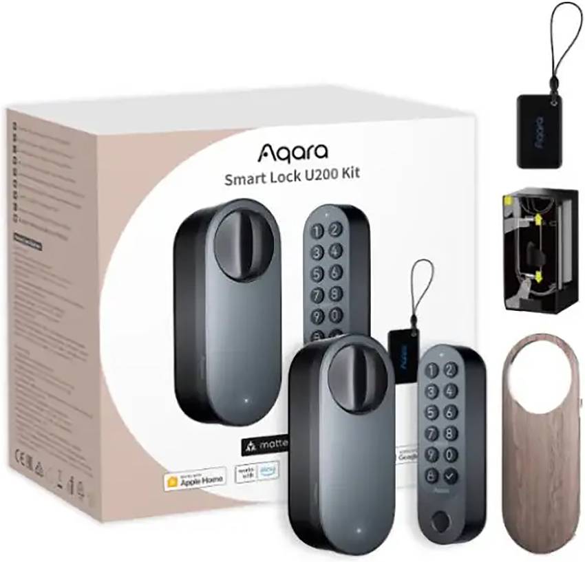Aqara Smart Lock U200 Kit mit Box, zwei Türschlössern, einem Schlüsselanhänger und Zubehör; geeignet für Apple Home.