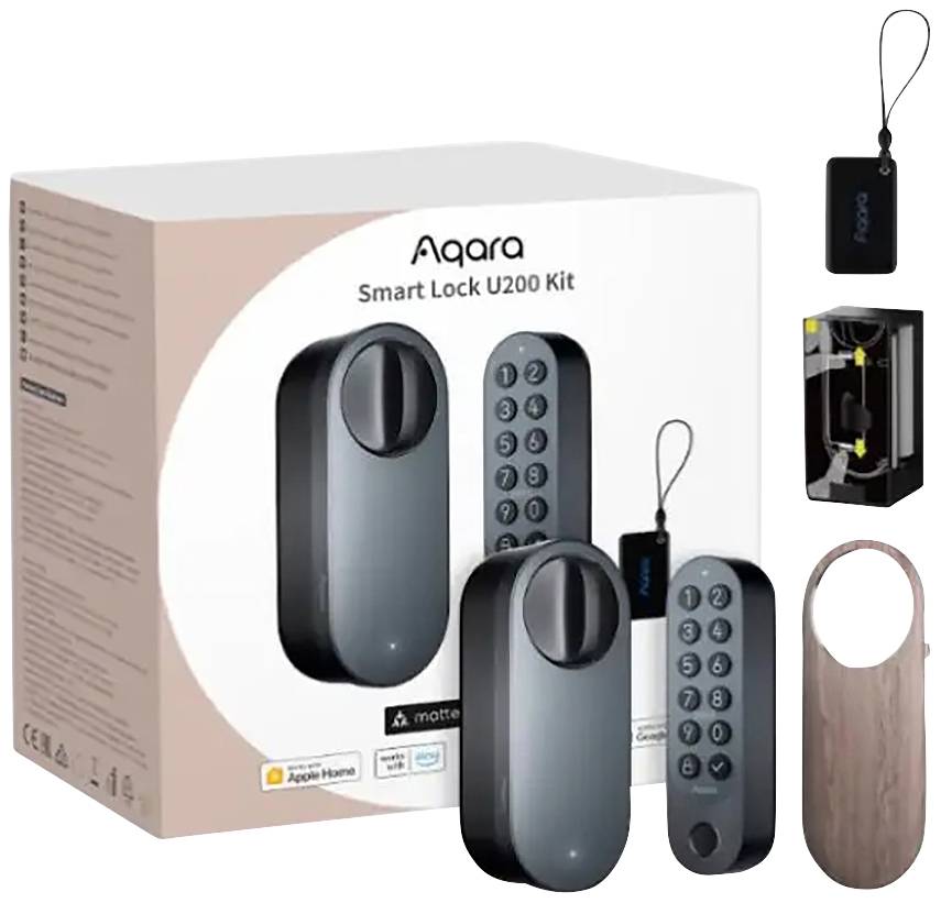 Aqara Smart Lock U200 Kit Verpackung mit Abbildung des Schlosses und Zubehör. Highlight: Apple Home und Matter kompatibel.