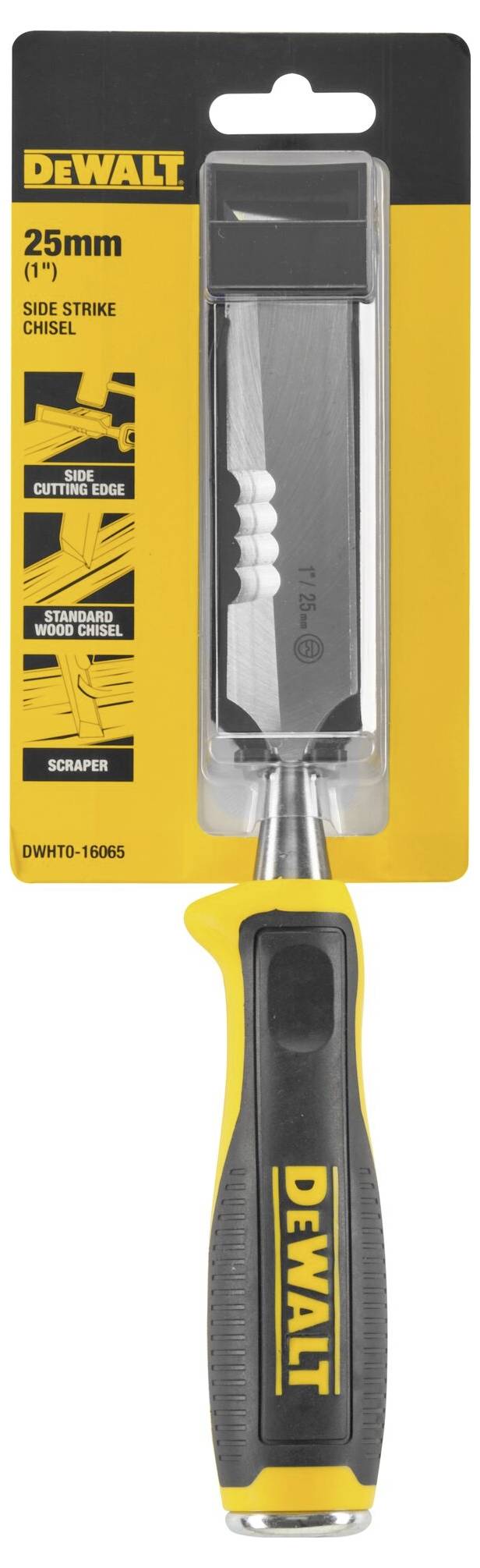 'DEWALT 25mm Holzmeißel mit bi-materialigem Griff'. Die Verpackung zeigt den Meißel mit geschliffener Klinge und ergonomischem Griff.