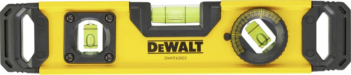 Wasserwaage von oben, gelb mit schwarzem Griff und 'DEWALT'-Logo in der Mitte, mit zwei Libellen zur Nivellierung.