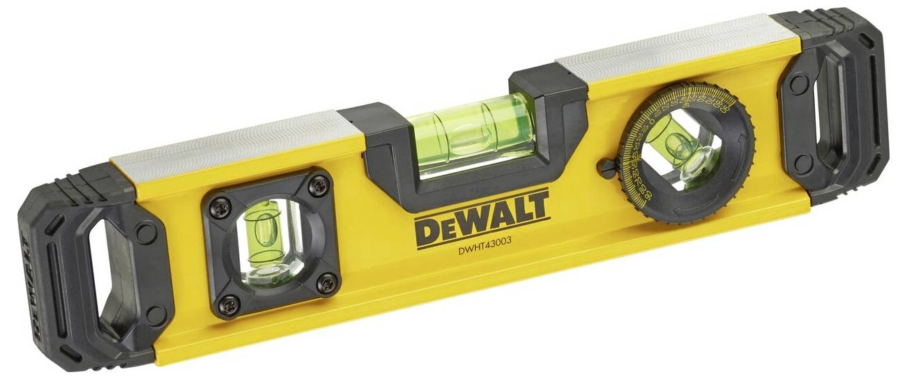Wasserwaage von DEWALT in Gelb mit drei Libellen zur präzisen Überprüfung der Horizontal- und Vertikalausrichtung.