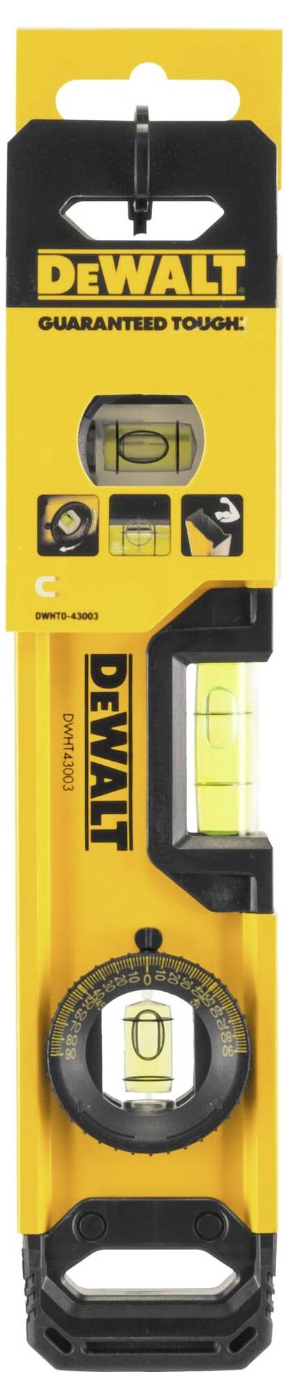 Wasserwaage von Dewalt in gelber Verpackung mit Sichtfenstern für Libellenanzeigen, zeigt parallel und rechtwinklige Ausrichtung.
