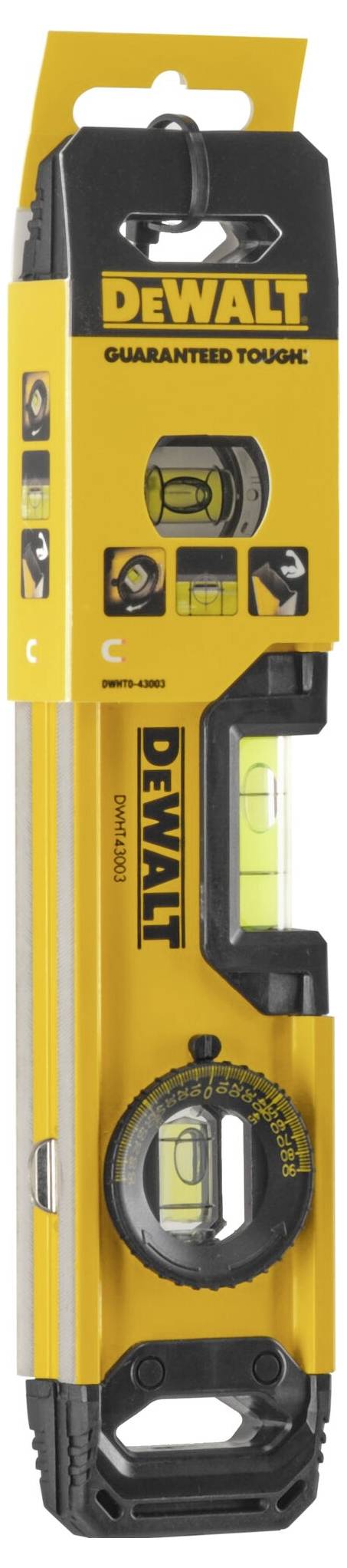 Eine gelbe Wasserwaage der Marke Dewalt mit einer Verpackung, die die Wasserwaage zeigt.