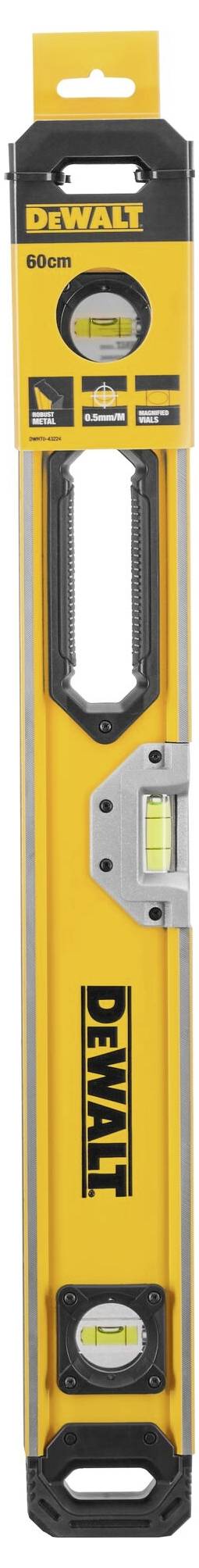 DEWALT 60cm Wasserwaage mit drei Libellen und robustem Griff, geeignet für präzise Messarbeiten im Bauwesen und Heimwerken.