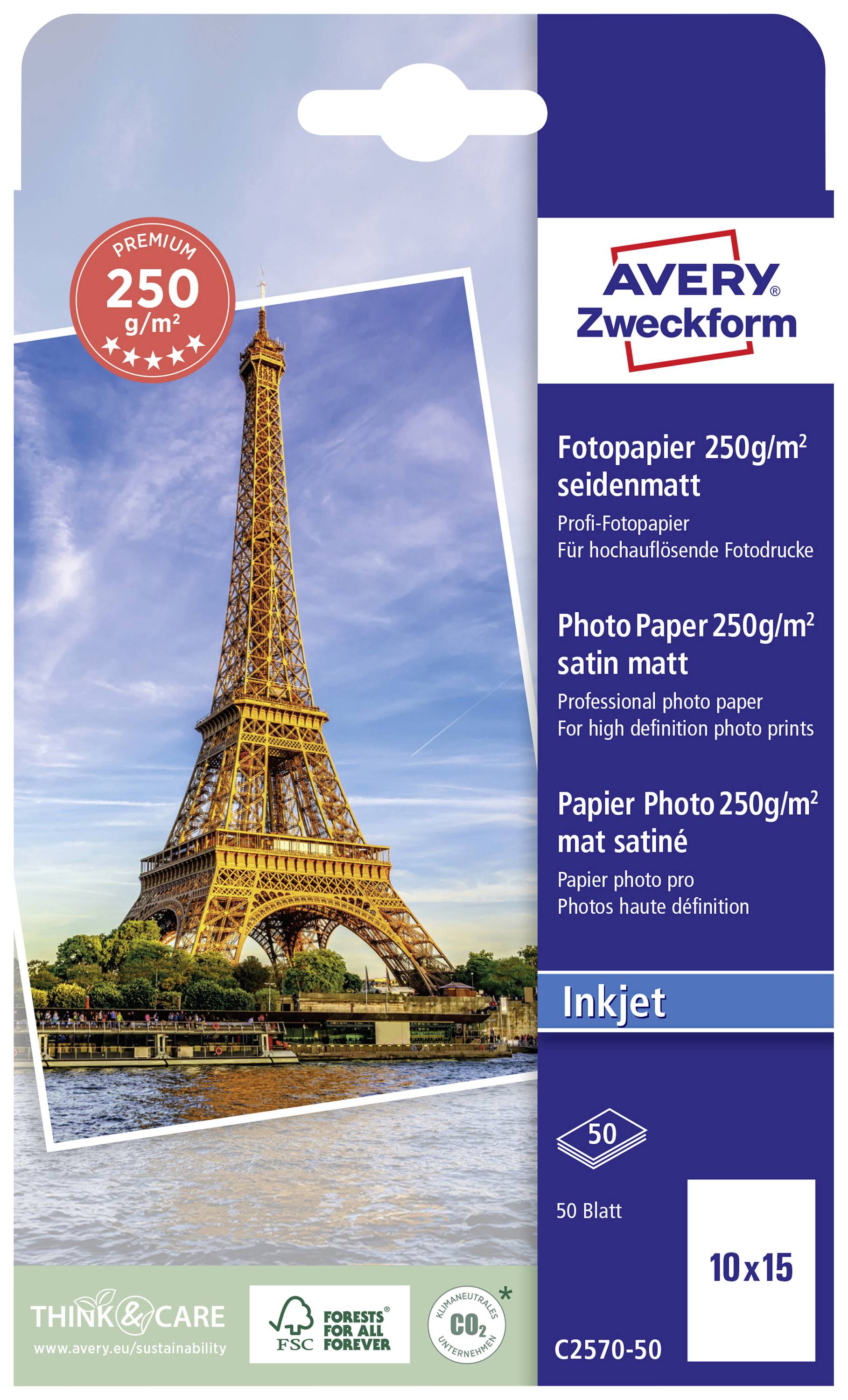 Verpackung für Avery Zweckform Fotopapier, 250 g/m², seidenmatt. Abbild der Pariser Eiffelturm, geeignet für Inkjet-Drucker.