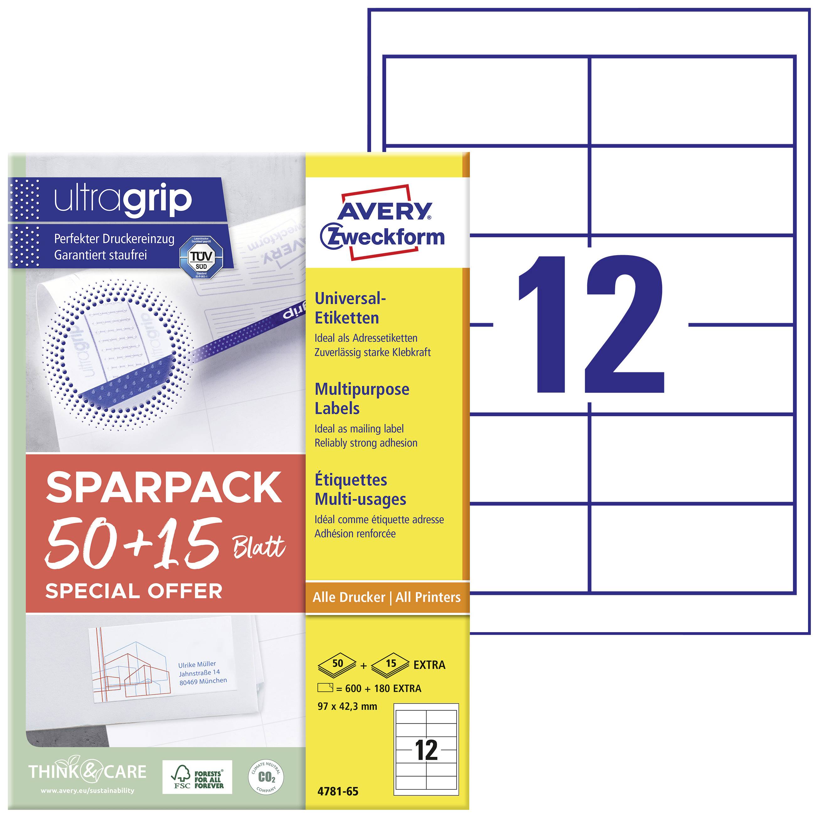 Etiketten-Sparpack 50+15 Blatt, ultragrip für alle Drucker. Multipurpose Labels 97 x 42,3 mm, 12 Etiketten pro Blatt.