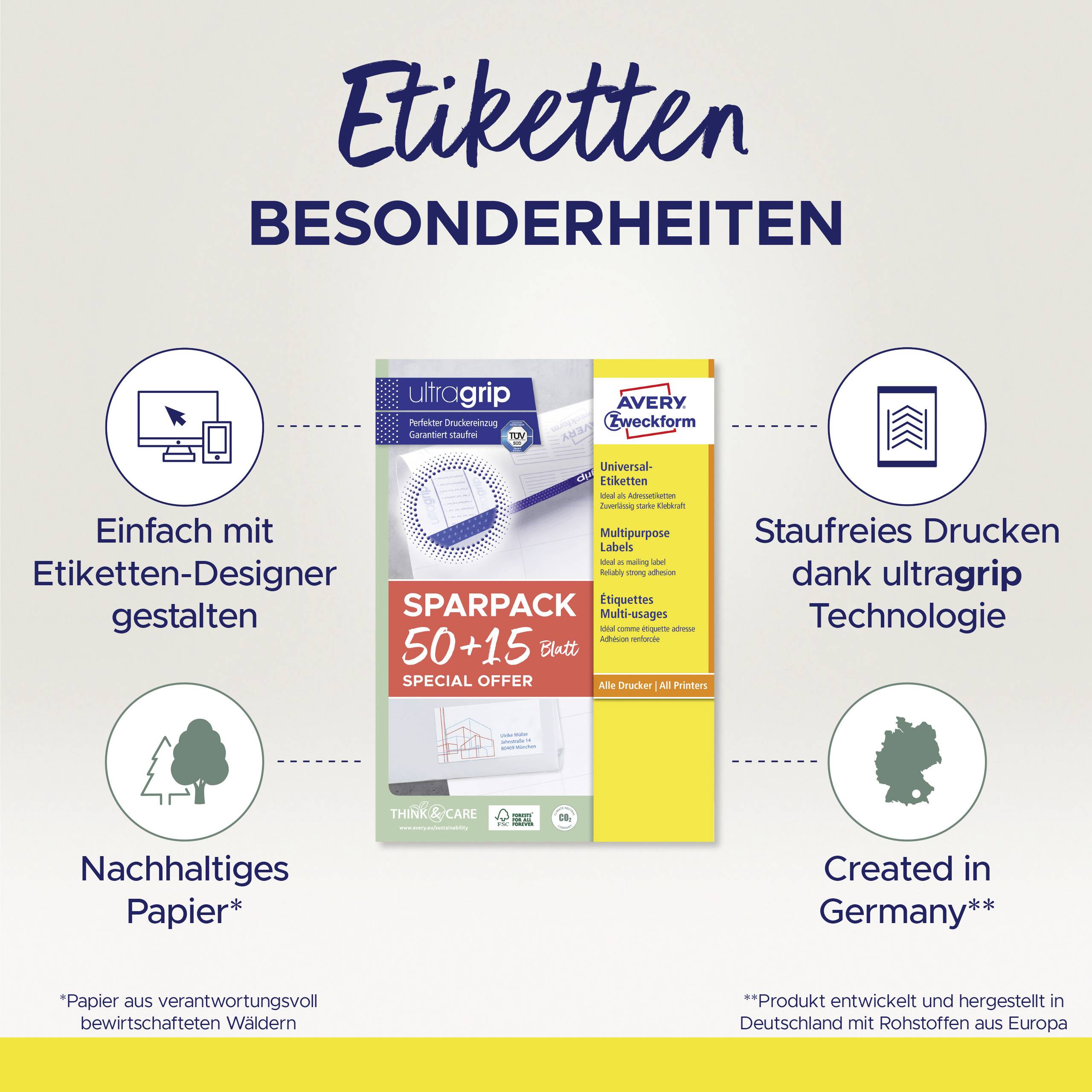 'Etiketten Besonderheiten' mit ultragrip für staufreies Drucken, nachhaltiges Papier und 'Created in Germany'. 65 + 15 Blatt.