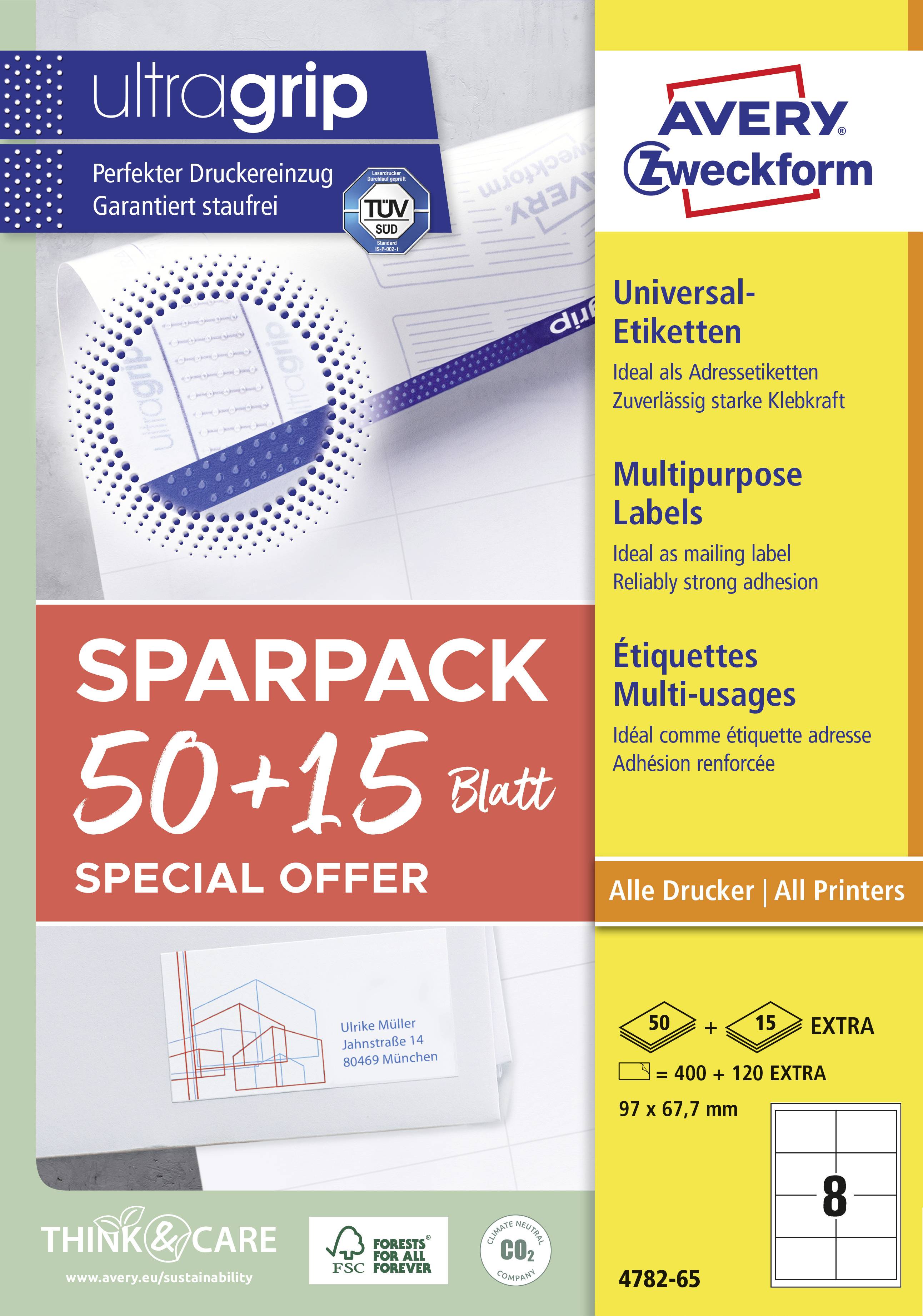 'Ultragrip' Universal-Etiketten von Avery Zweckform, 50+15 Blatt Sparpack. Ideal für Adressen, zuverlässige klebende Haftung.