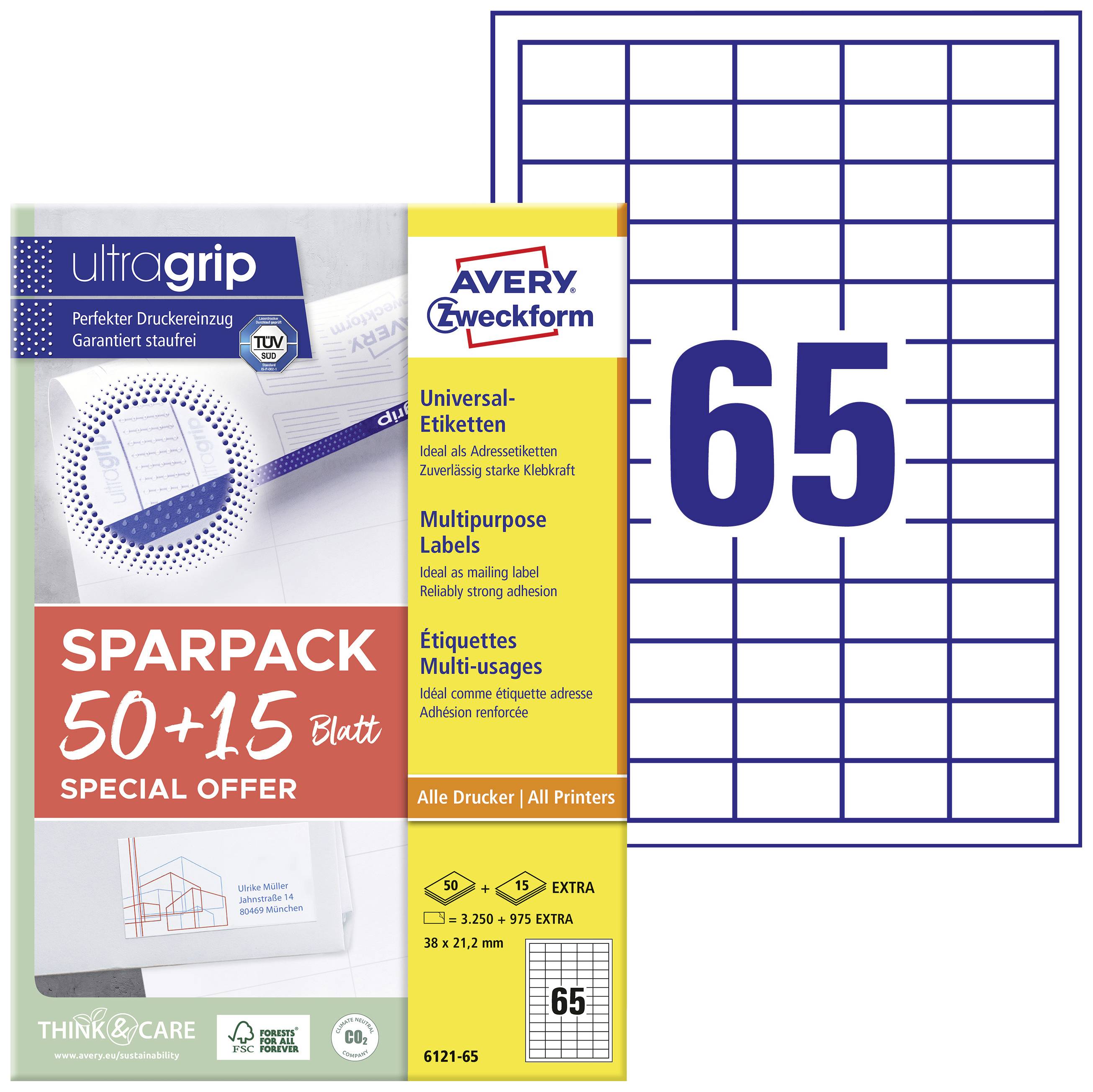 Verpackung von Avery Zweckform Universal-Etiketten, Sparpack 50+15 Blatt, für alle Drucker. Grafik zeigt Etiketten-Anordnung.