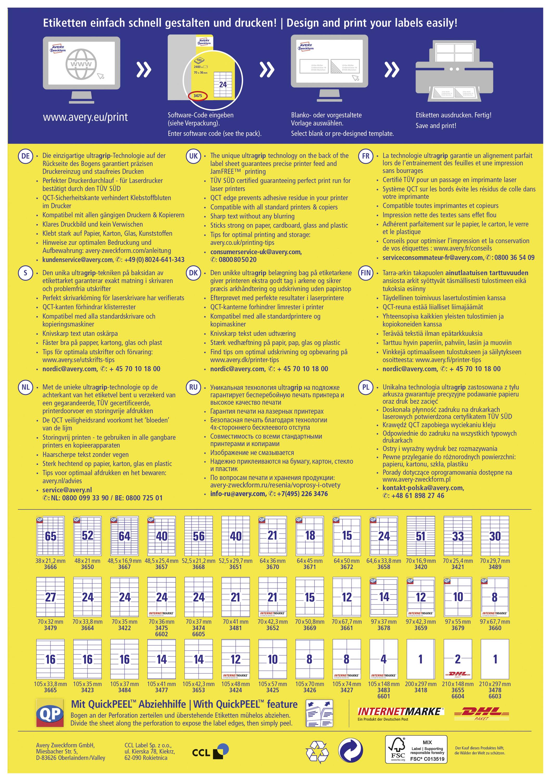 Ein Poster zeigt verschiedene Etikettenoptionen und beschreibt, wie man sie schnell gestalten und drucken kann. Anbieter und Kontaktinfos unten.