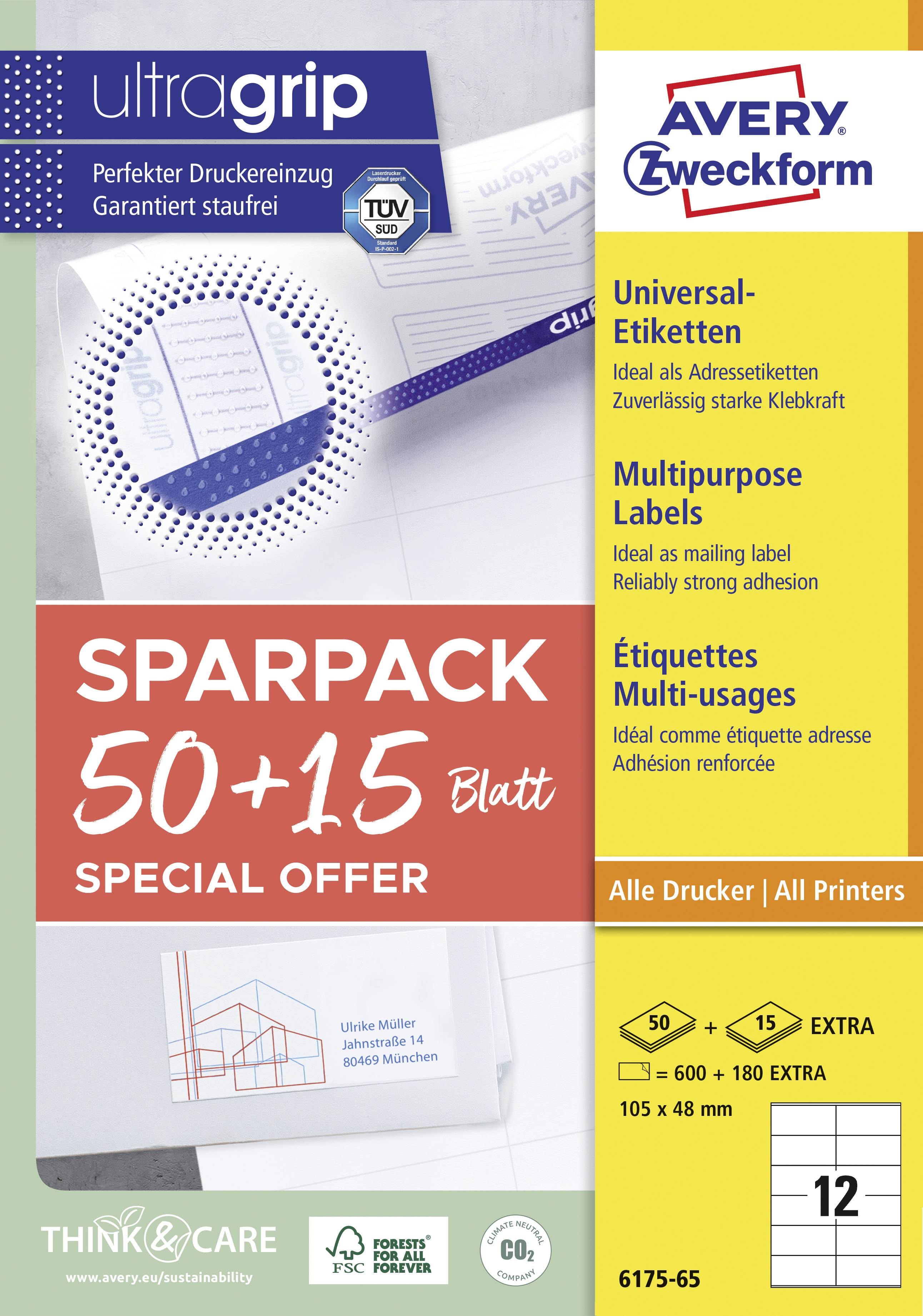 UltraGrip Universal-Etiketten von Avery Zweckform, Sparpack 50+15 Blatt, ideal für Adressetiketten, kompatibel mit allen Druckern.