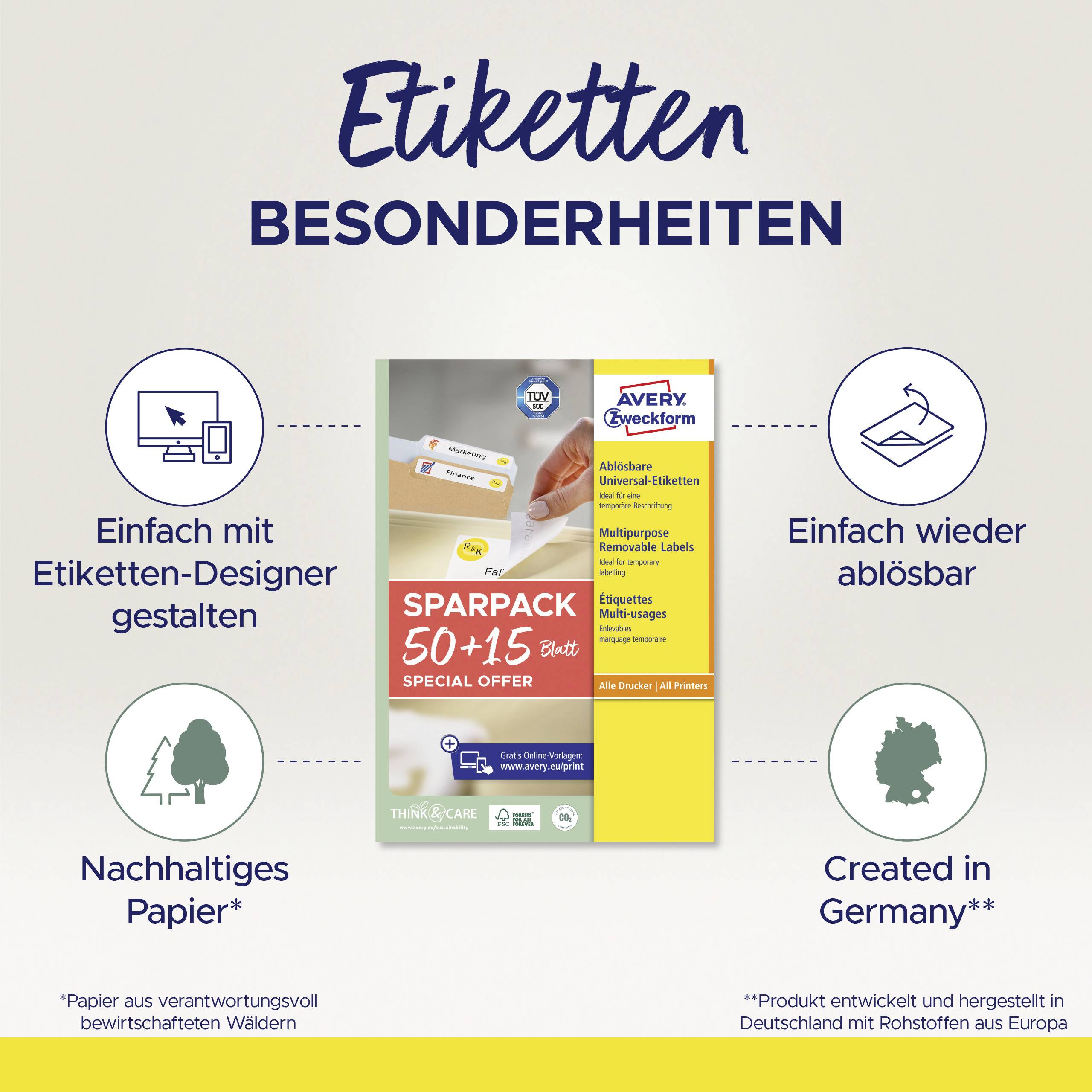 Auf der Verpackung steht: 'Sparpack 50+15 Blatt'. Merkmale: Etiketten-Design, wieder ablösbar, nachhaltiges Papier, in Deutschland hergestellt.