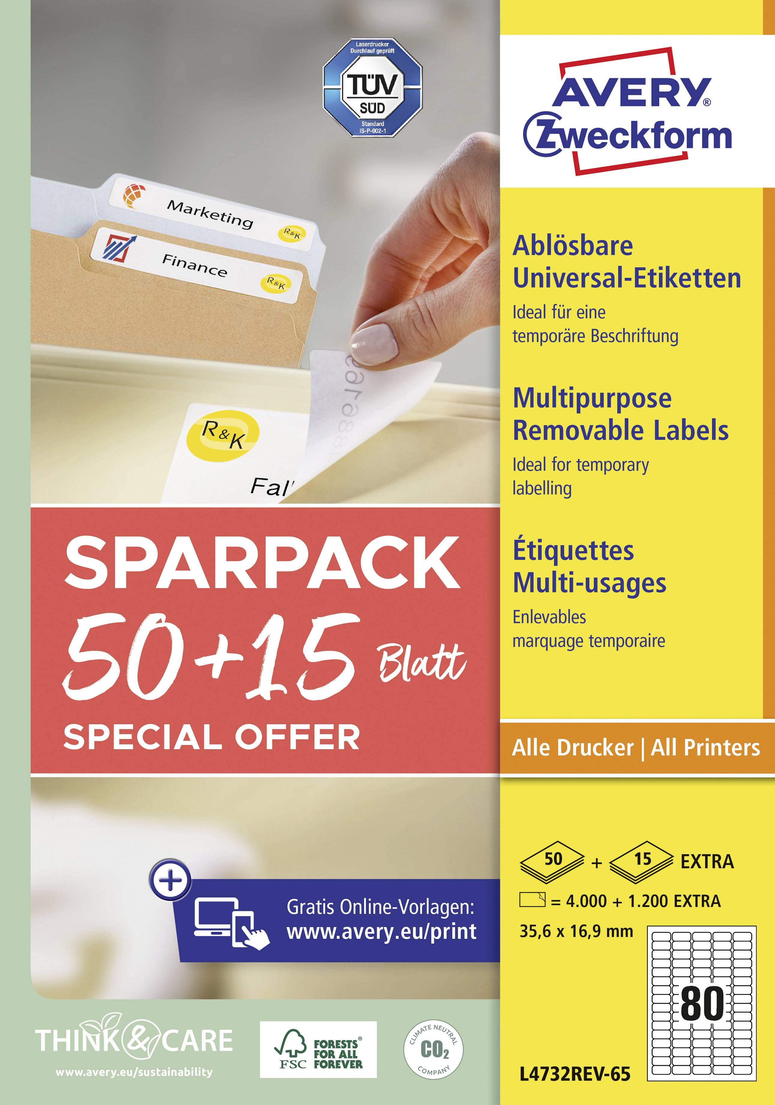 Etikettenset von Avery Zweckform mit 50+15 Blatt. Entfernbare Universal-Etiketten, geeignet für alle Drucker, inkl. Vorlagen.