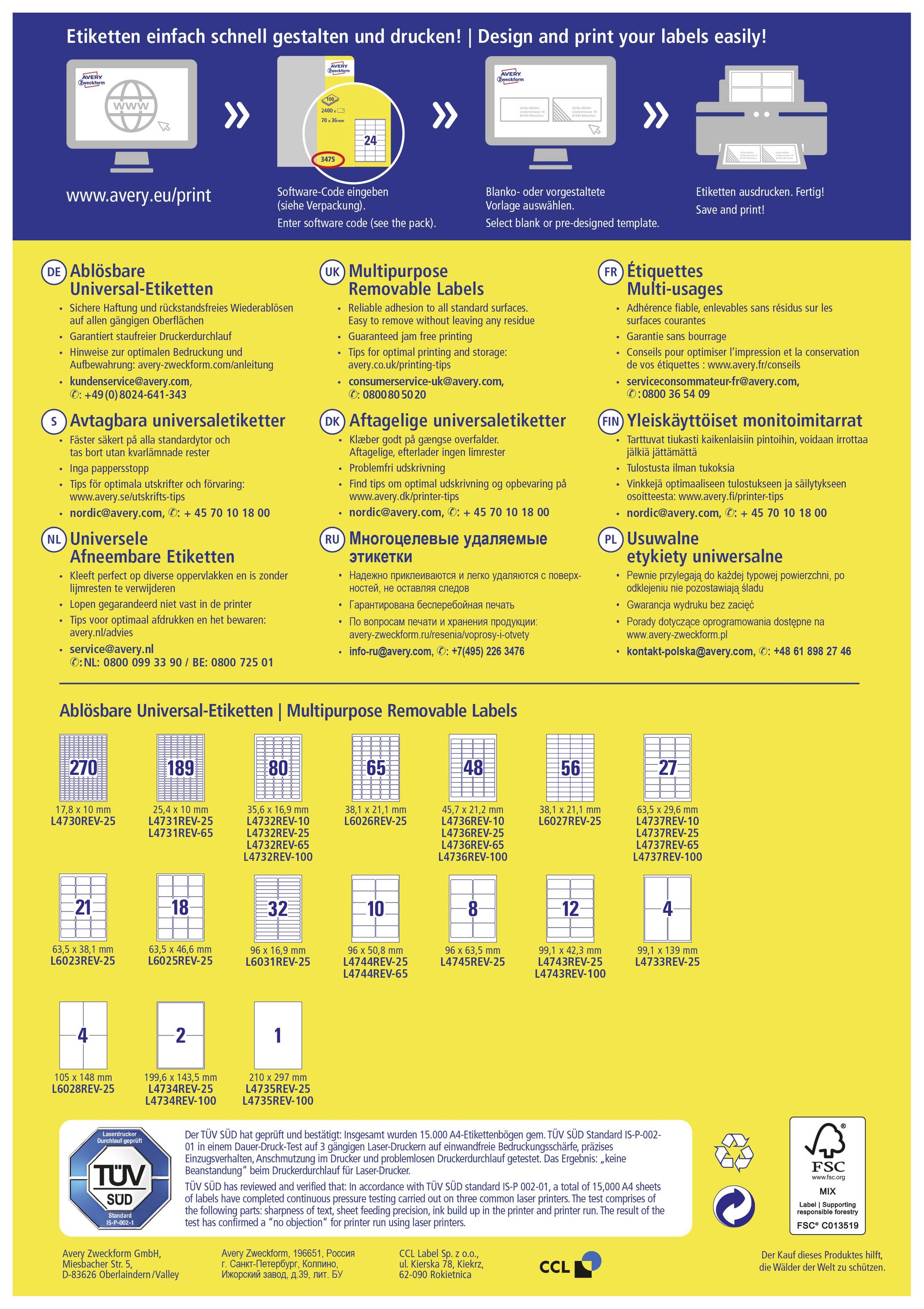'Etiketten einfach schnell gestalten und drucken!' Flyer zeigt verschiedene ablösbare Etikettenoptionen mit Größen und Bestellnummern.