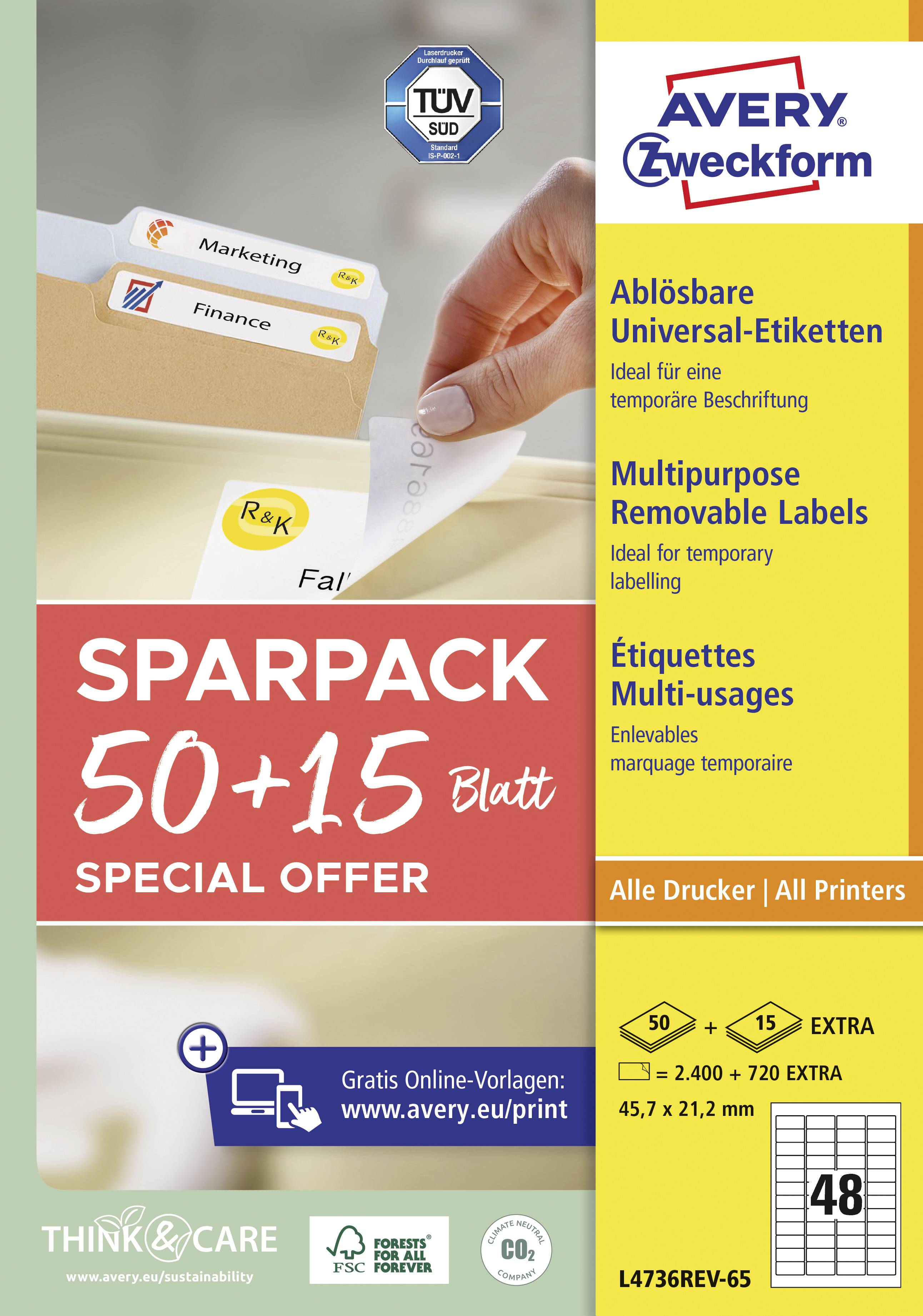 'Sparpack 50+15 Blatt' Avery Zweckform Etiketten. Vielseitig ablösbare Etiketten, geeignet für alle Drucker. Gratis Online-Vorlagen verfügbar.