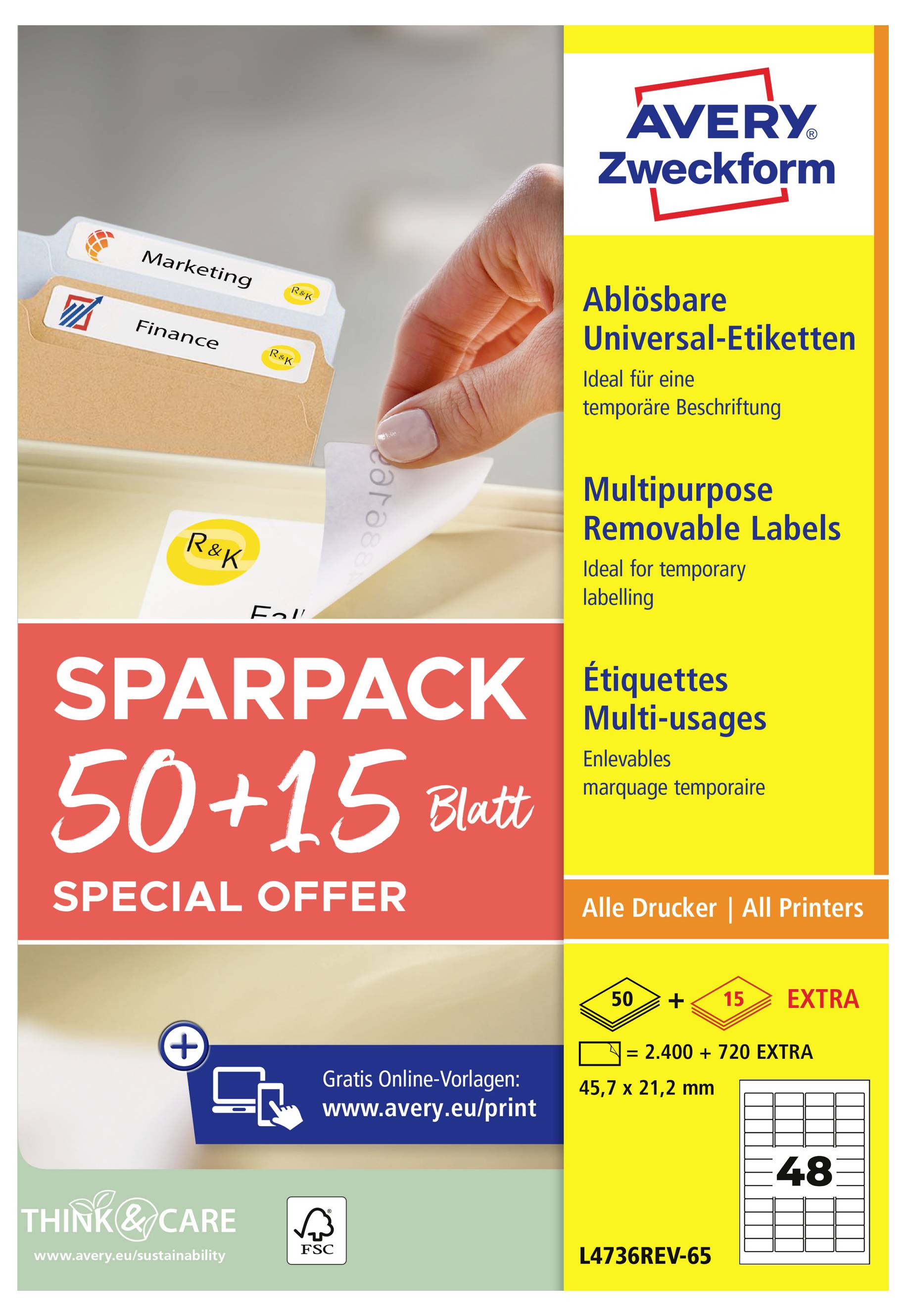 Avery Zweckform ablösbare Etiketten Sparpaket, 50+15 Blätter, für temporäres Beschriften und alle Drucker.