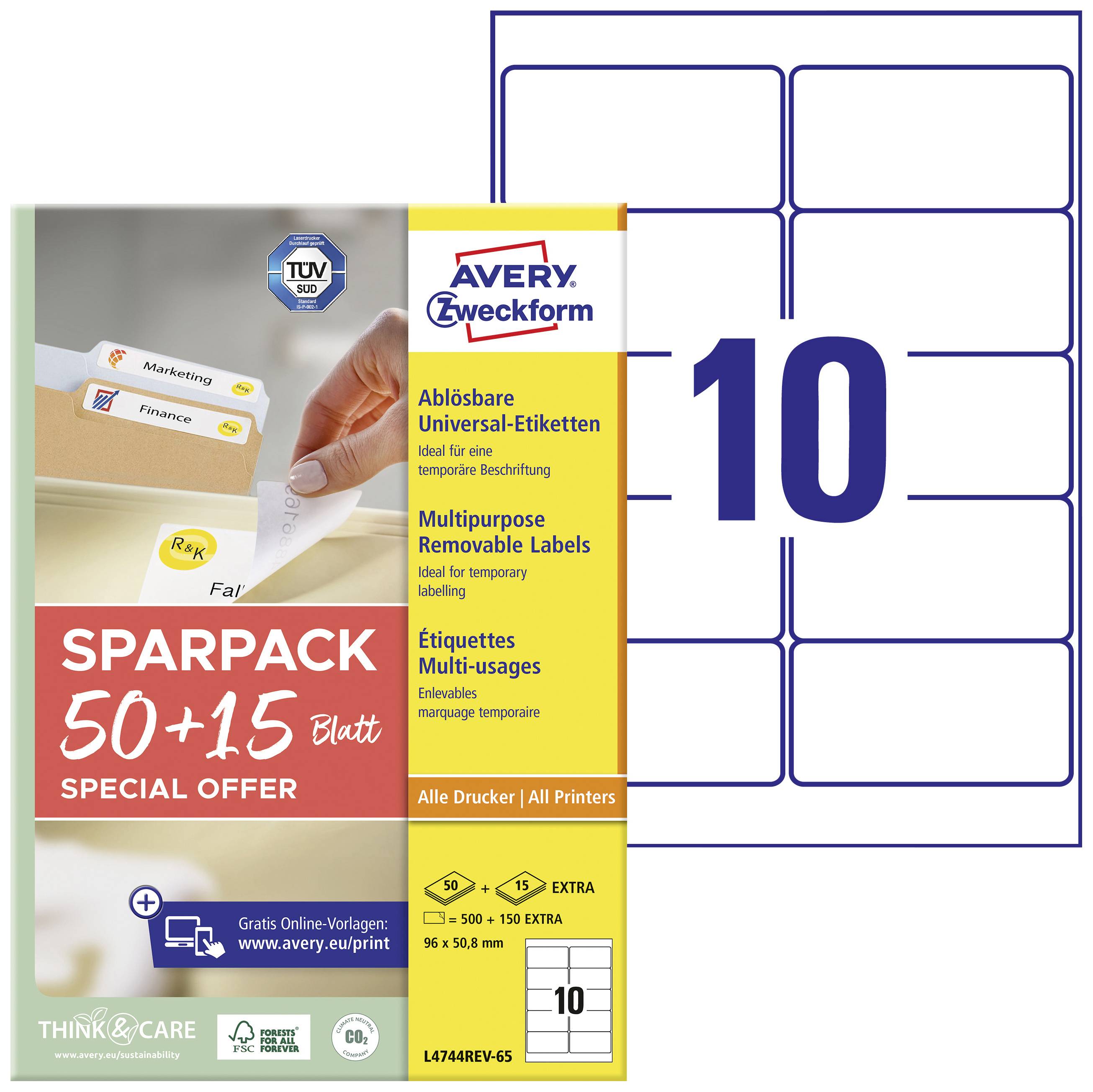 Verpackung für Avery Zweckform ablösbare Universal-Etiketten, 65 x 38,1 mm, 10 pro Bogen, Insgesamt 50+15 Blatt. Sparpack.