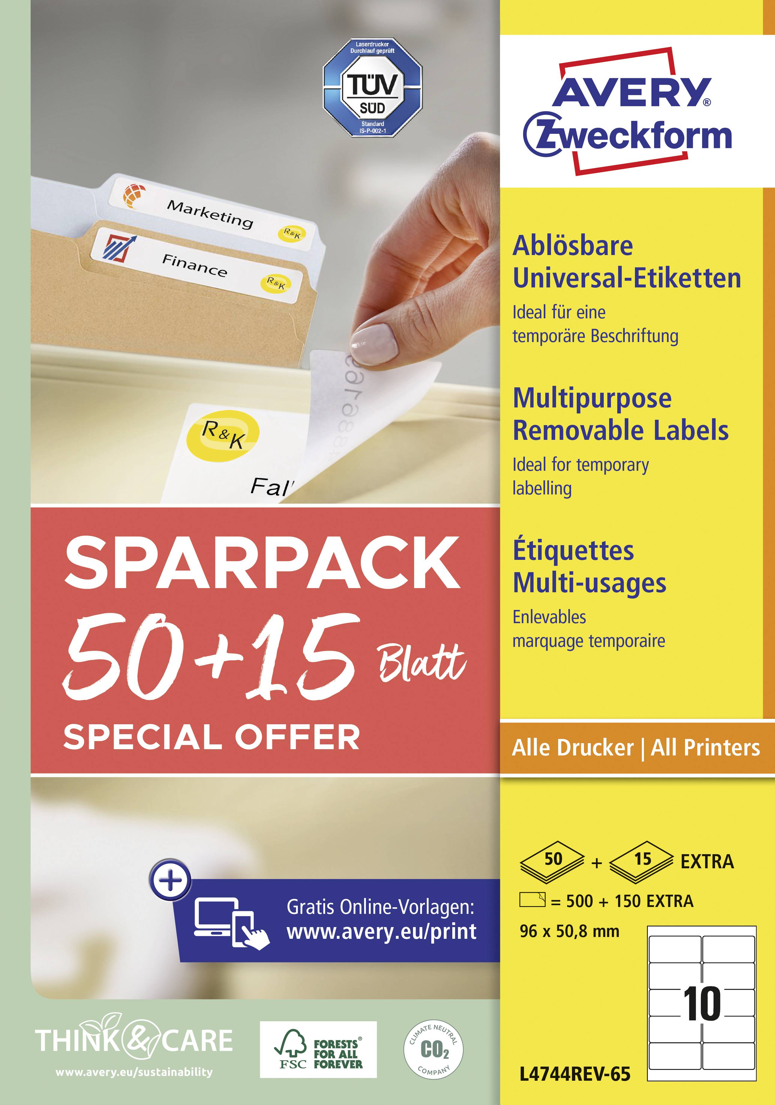 Etiketten-Verpackung mit 'Sparpack 50+15 Blatt Special Offer' und 'Avery Zweckform' Logo. Ideal für ablösbare Beschriftung.
