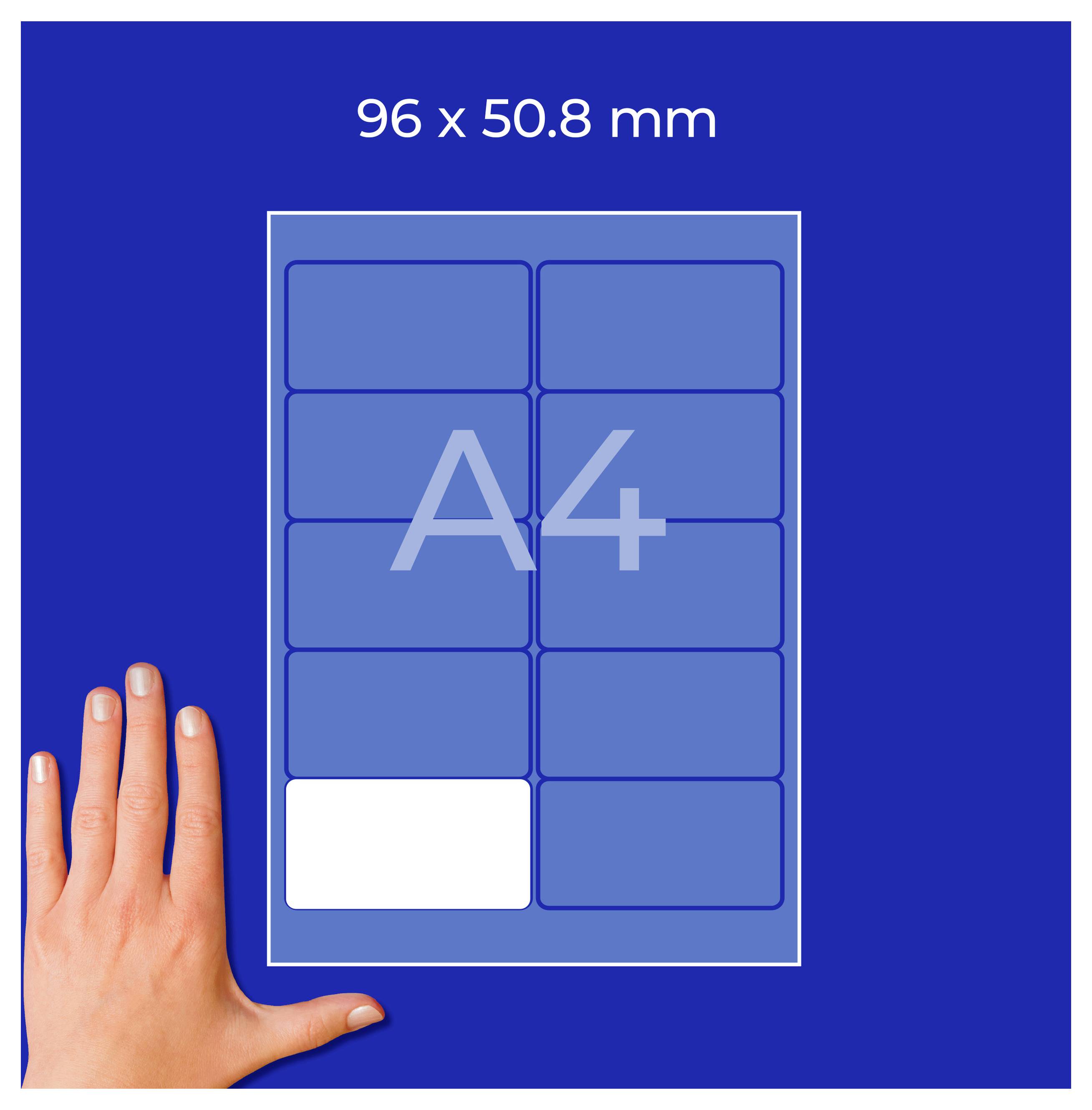 Schema einer A4-Vorlage mit den Maßen 96 x 50,8 mm, in Felder unterteilt; eine Hand hält das Blatt als Größenvergleich.