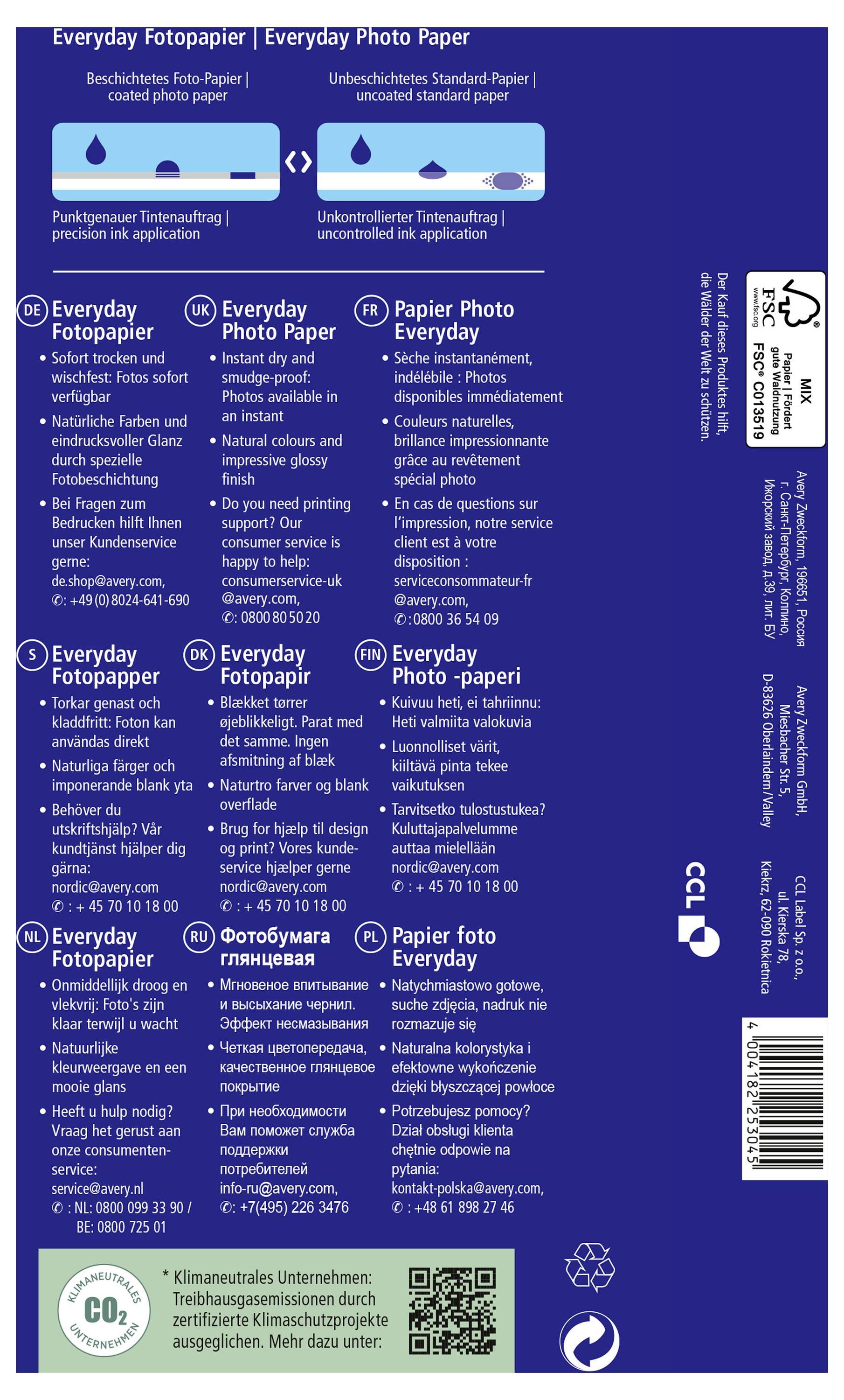 'Everyday Fotopapier' Verpackung. Details zur Papiersorte, Verwendung, Druckereinstellungen und Größenangaben in mehreren Sprachen.