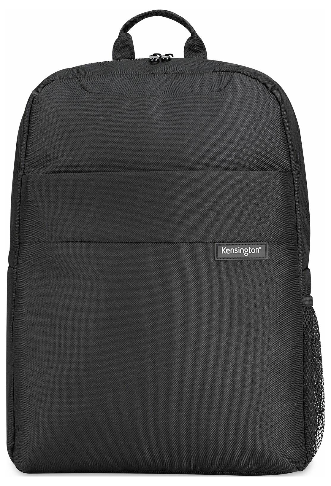Ein schwarzer Rucksack mit zwei Fächern und einem Netzseitentasche. Auf der Vorderseite ist das Logo 'Kensington' zu sehen.