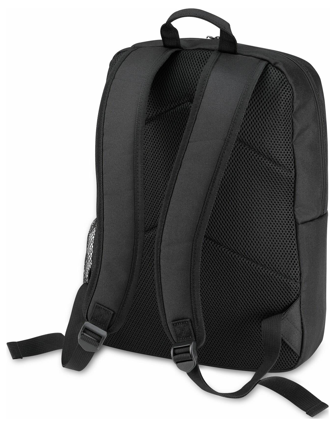 Ein schwarzer Rucksack von hinten. Die gepolsterten Schultergurte und das atmungsaktive Material sind sichtbar.